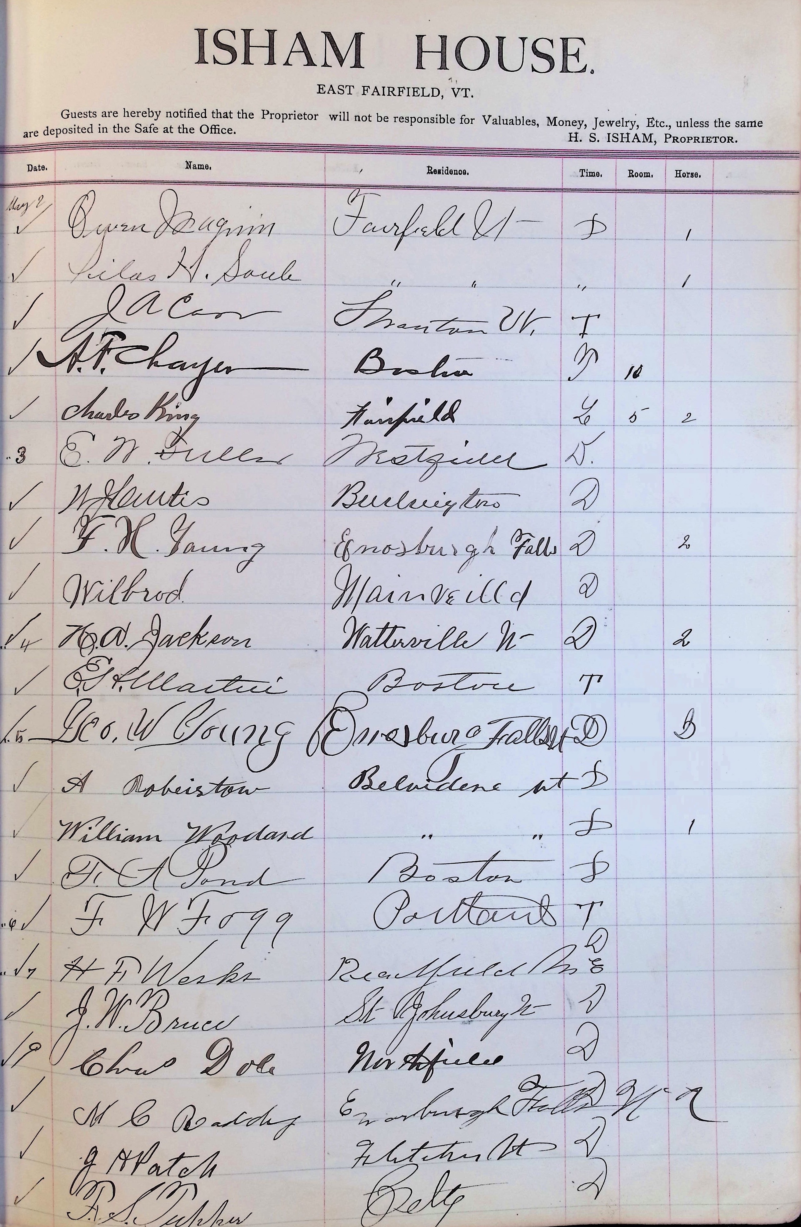 Isham Hotel register Vol. 3, Page 61