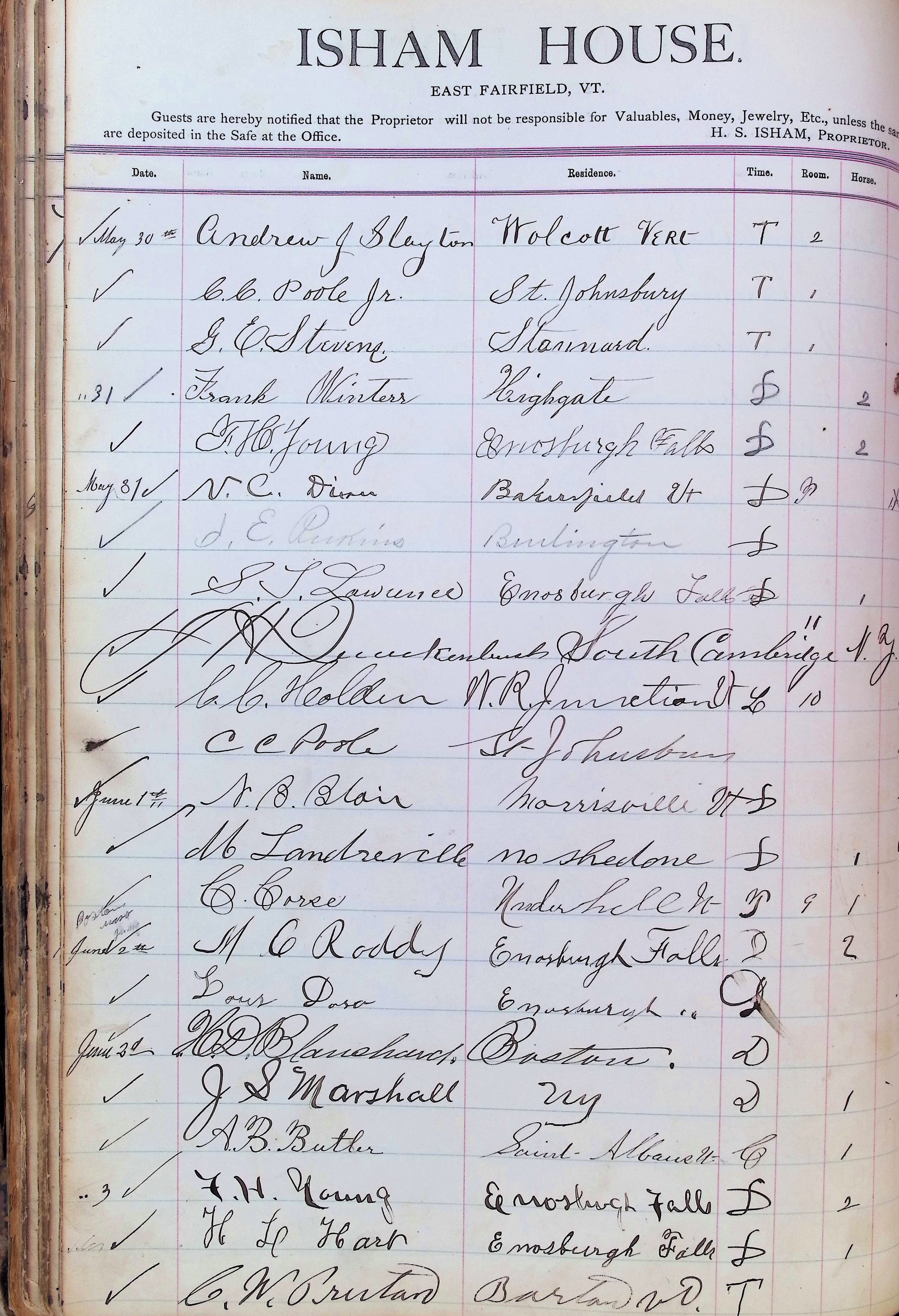 Isham Hotel register Vol. 3, Page 68