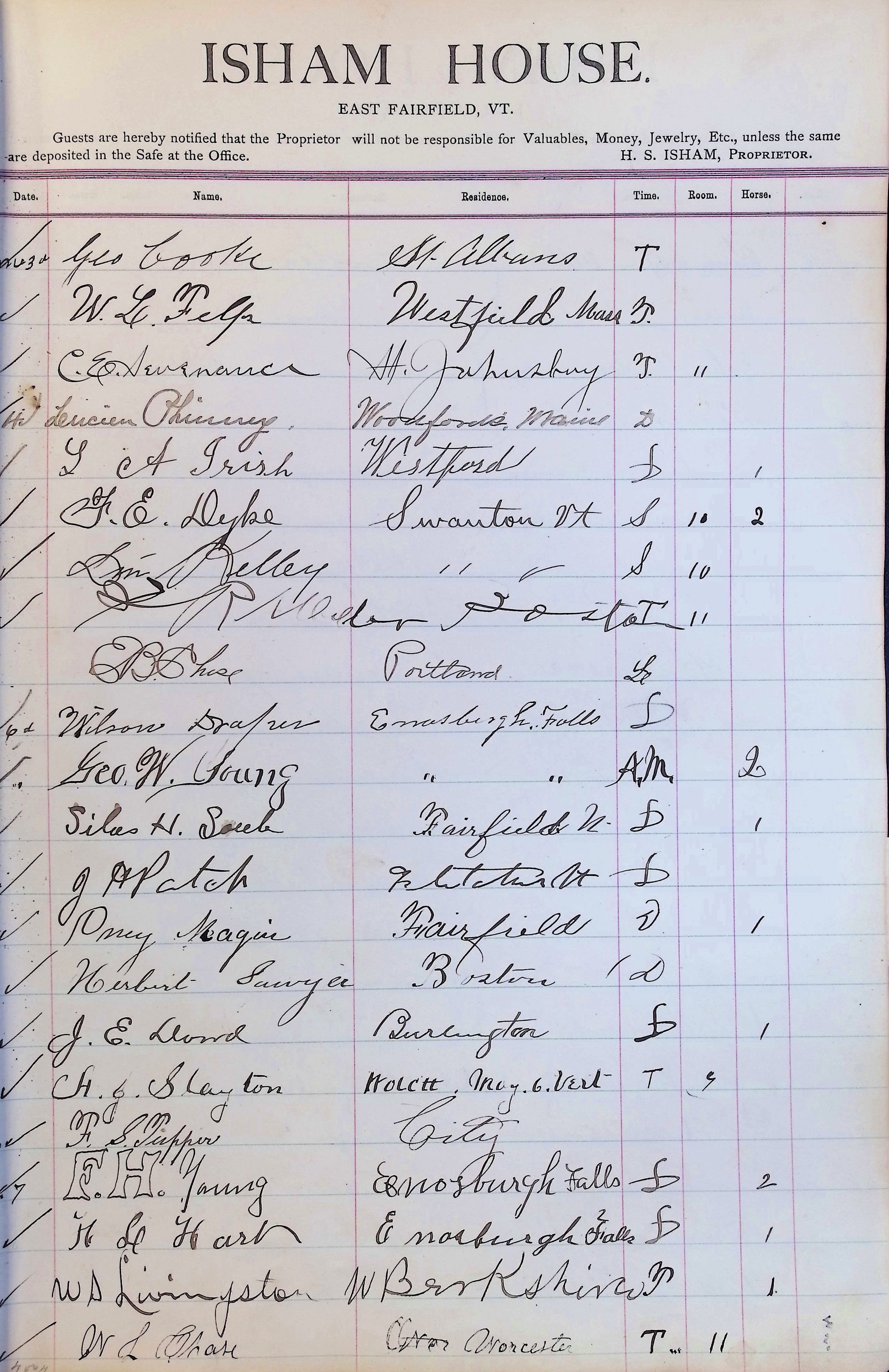 Isham Hotel register Vol. 3, Page 69