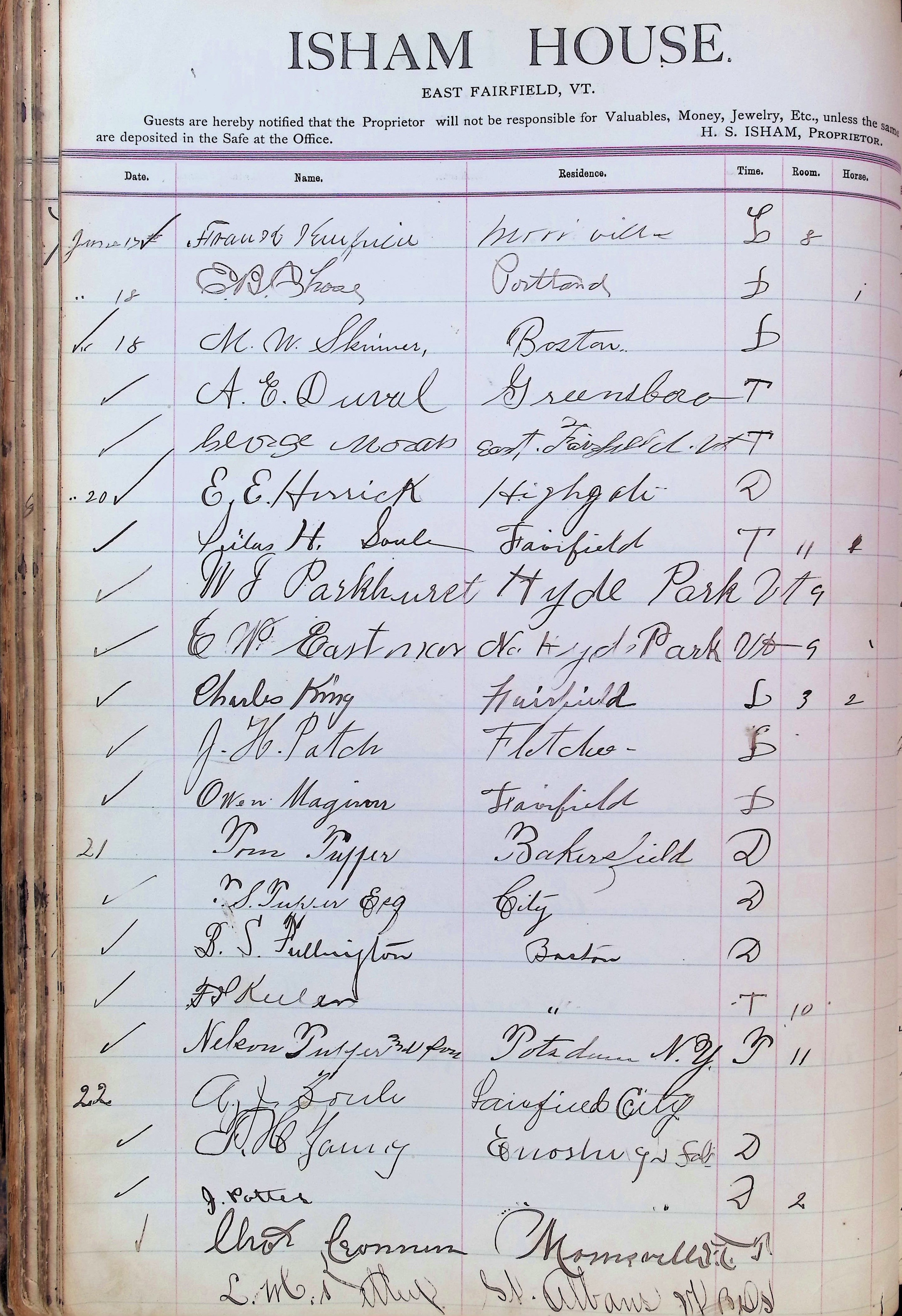 Isham Hotel register Vol. 3, Page 72