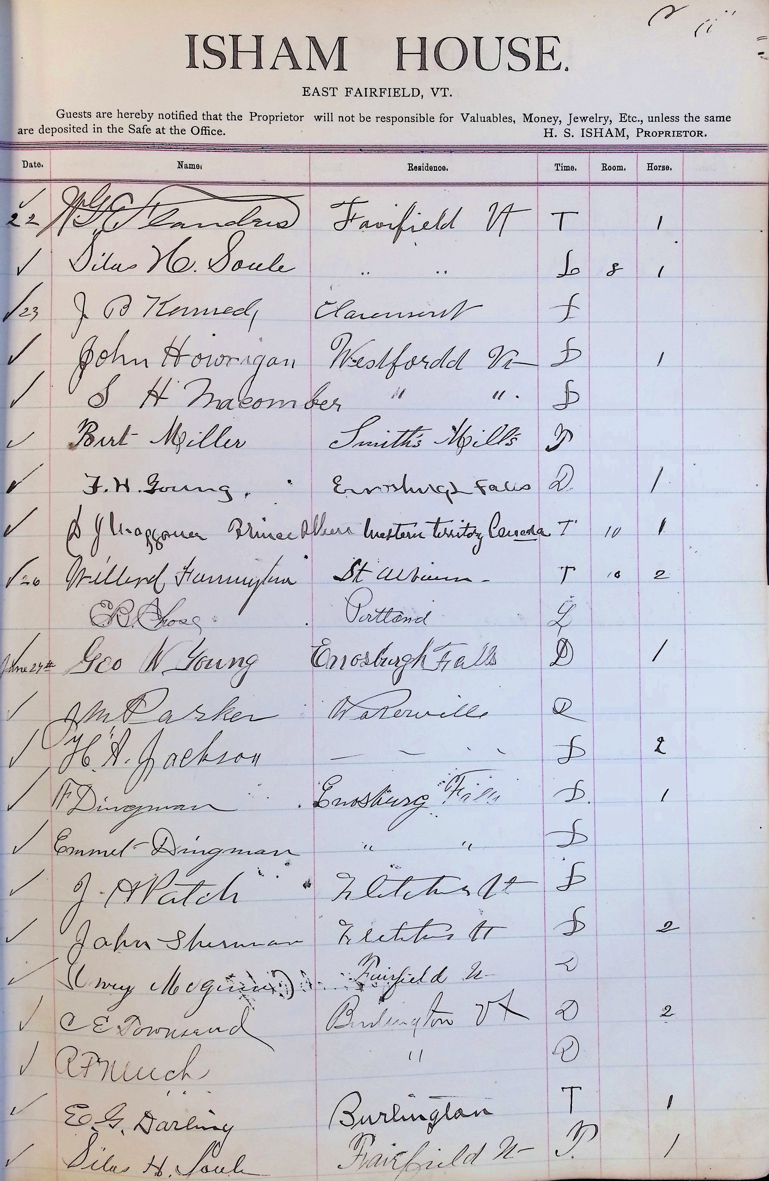 Isham Hotel register Vol. 3, Page 73