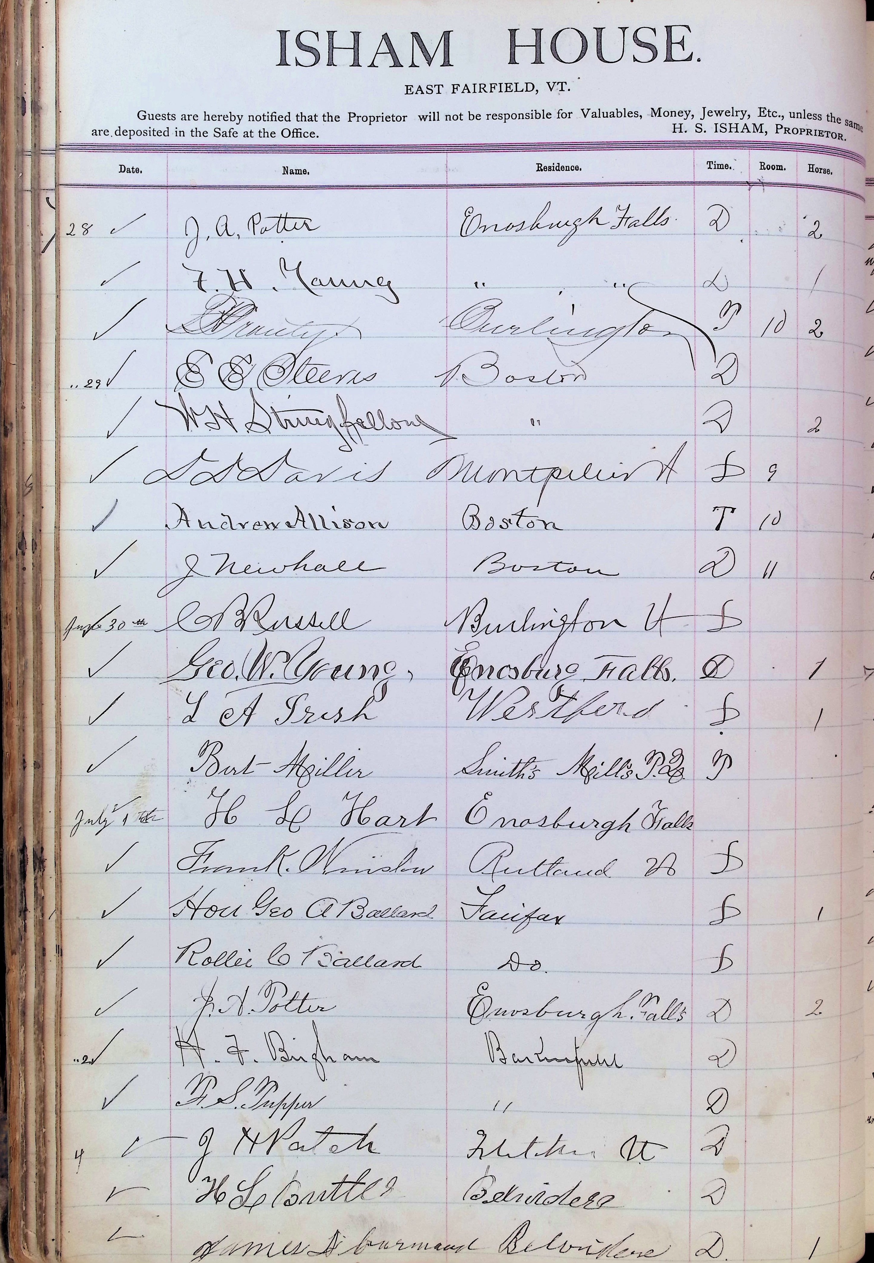 Isham Hotel register Vol. 3, Page 74
