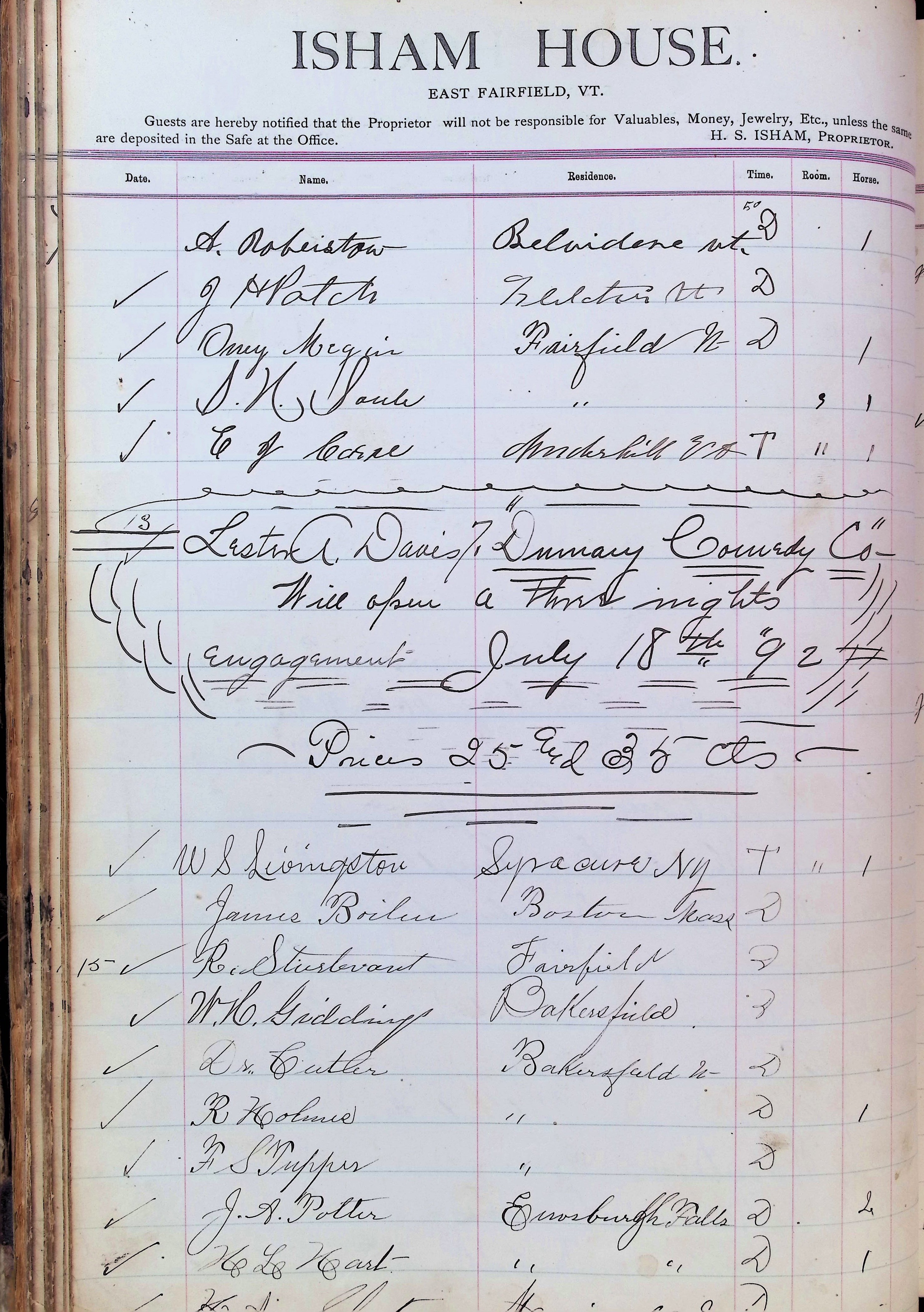 Isham Hotel register Vol. 3, Page 76