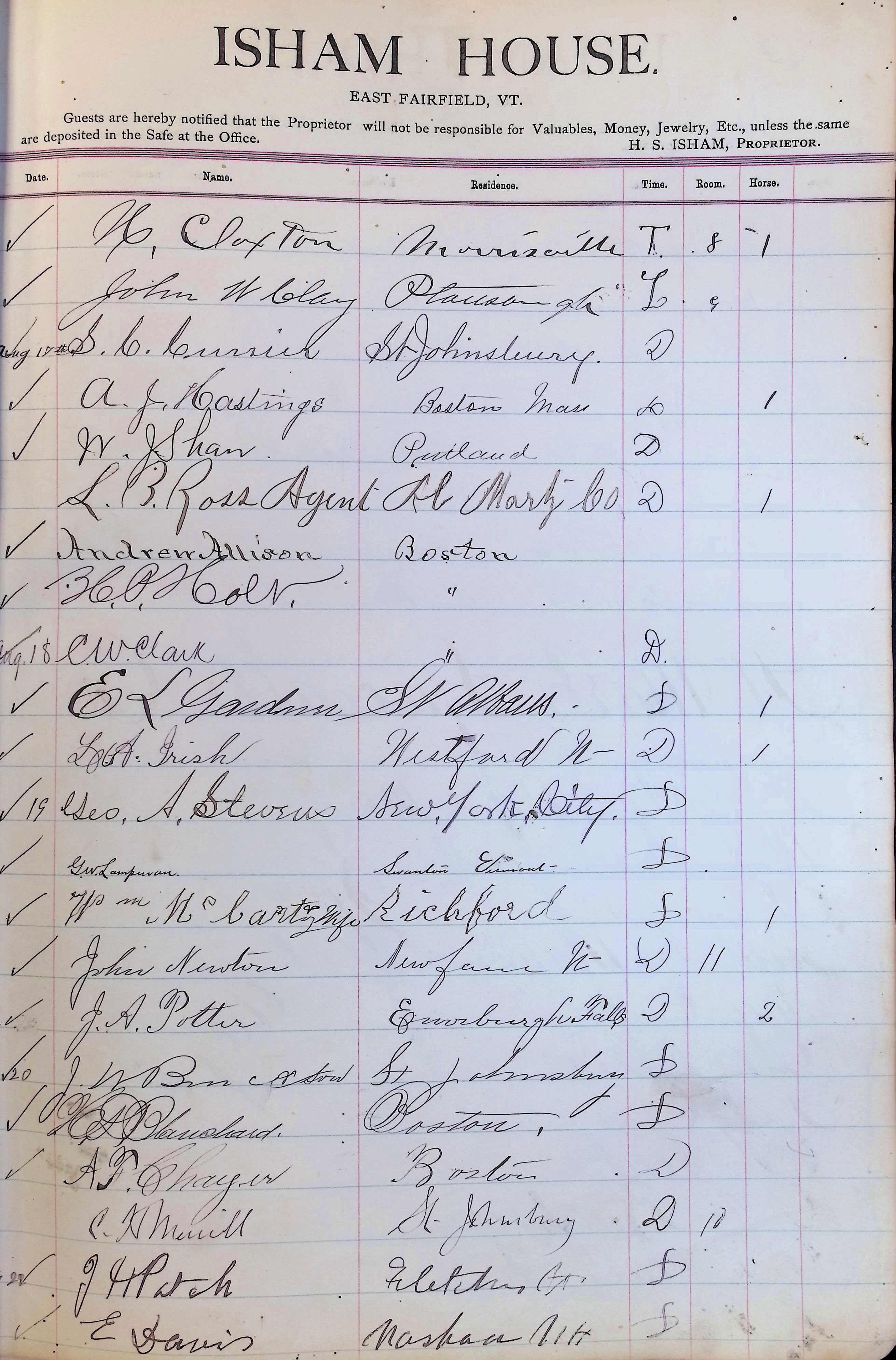 Isham Hotel register Vol. 3, Page 83