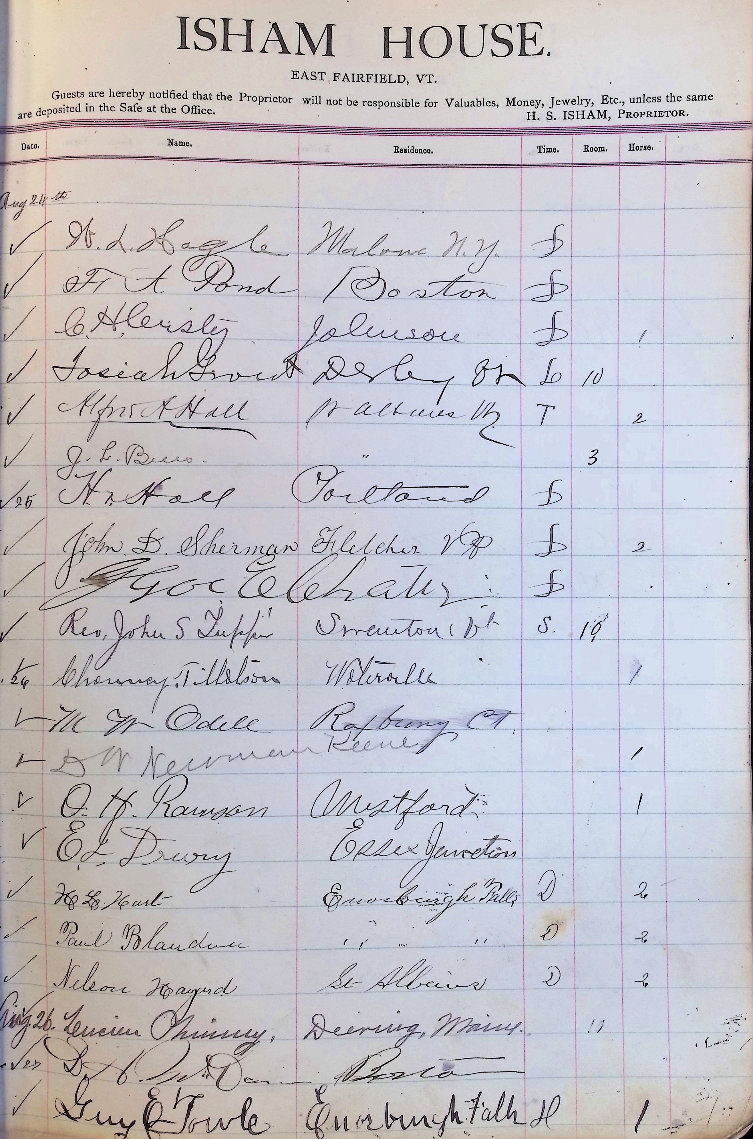 Isham Hotel register Vol. 3, Page 85