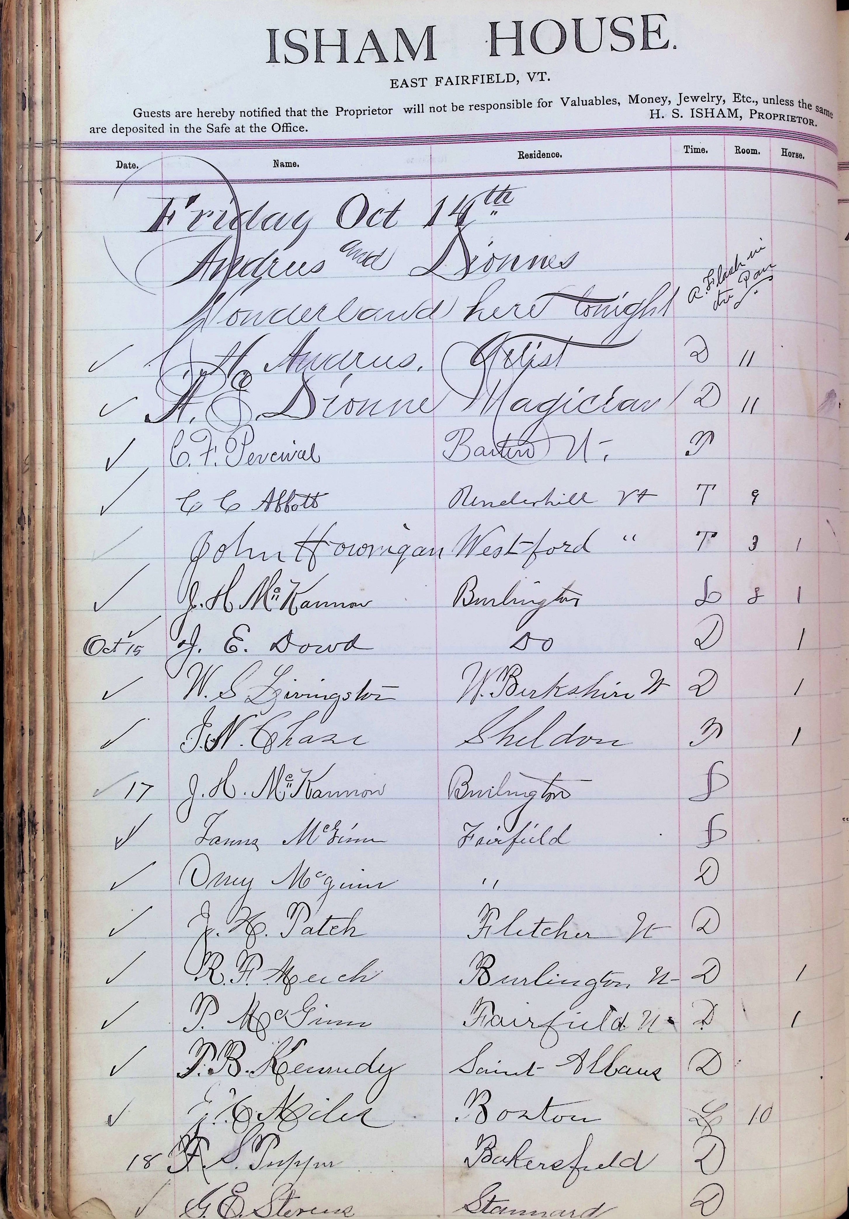 Isham Hotel register Vol. 3, Page 96