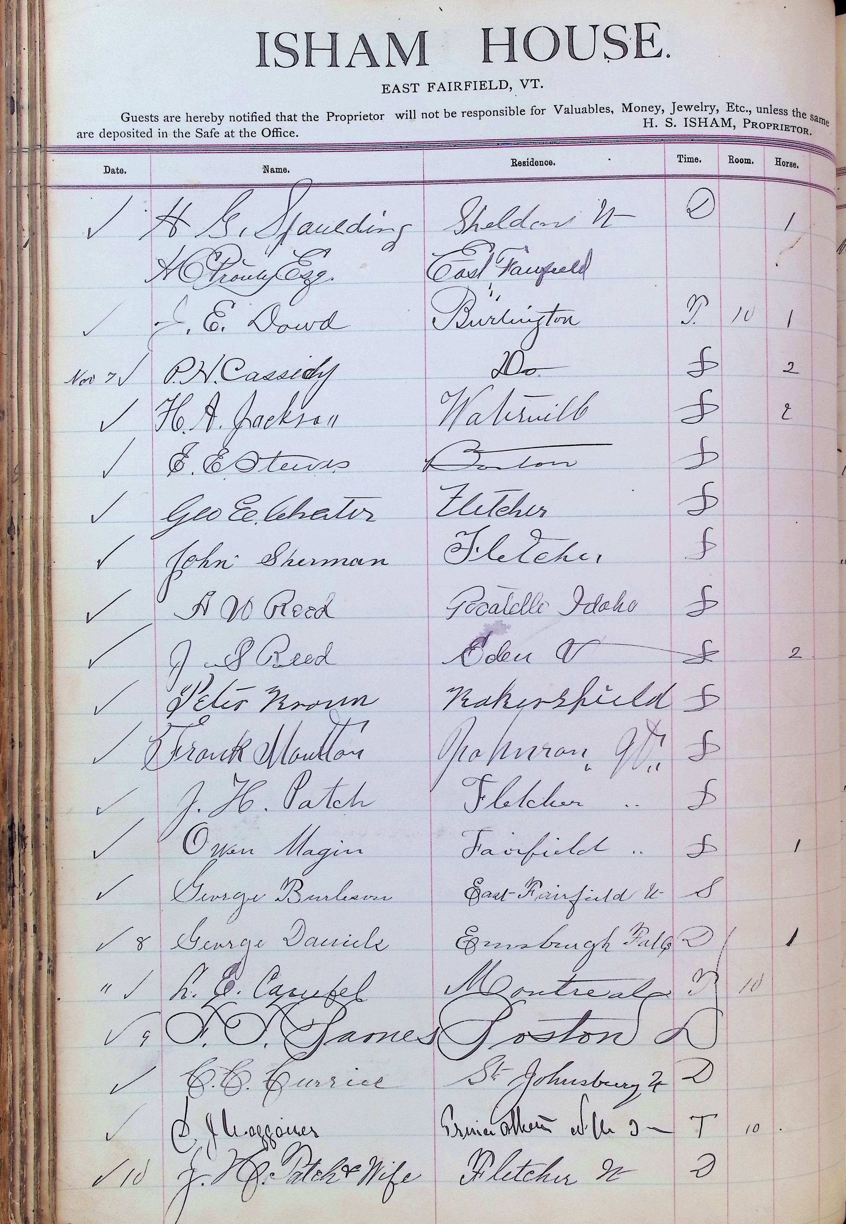 Isham Hotel register Vol. 3, Page 100