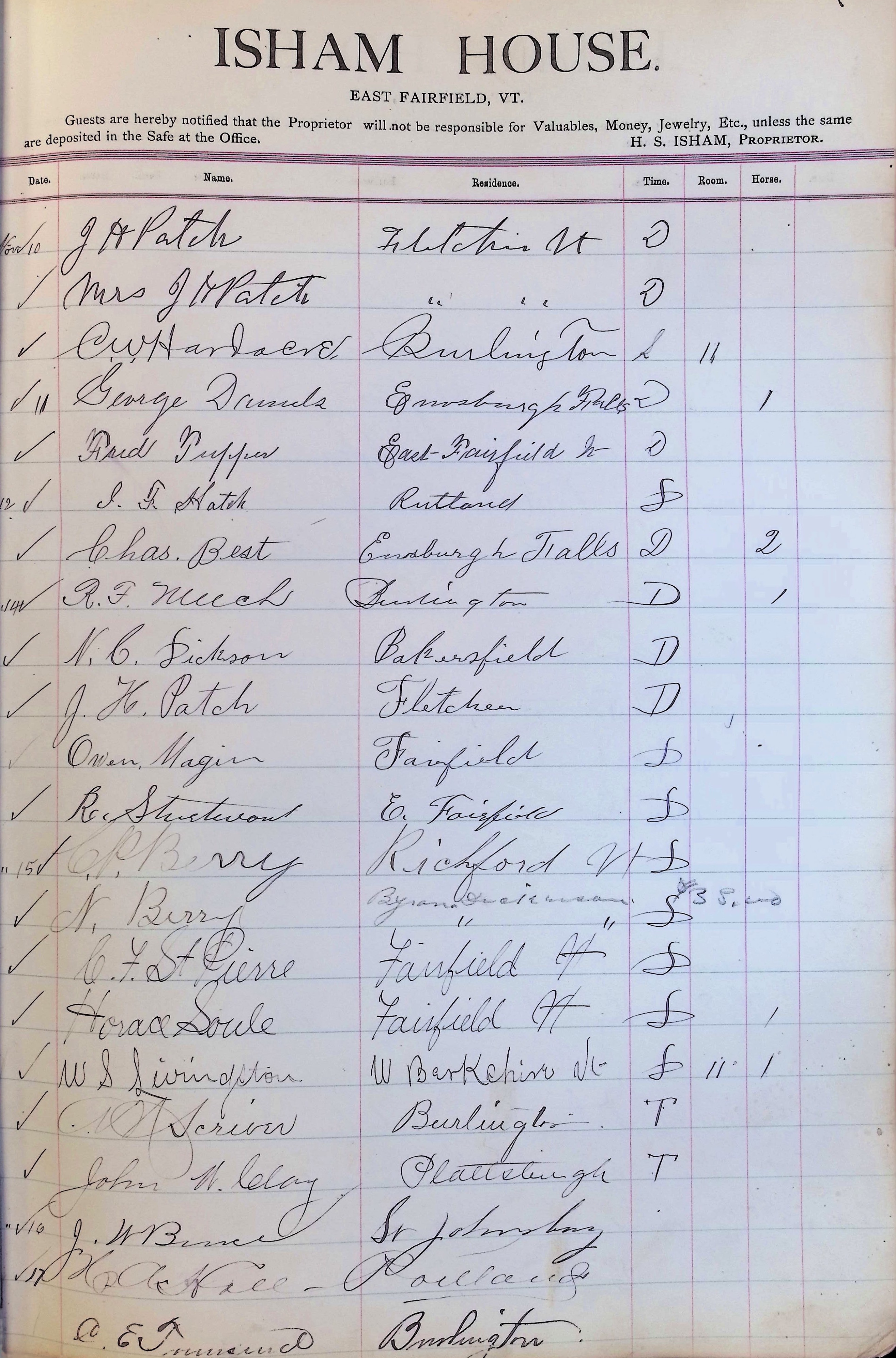 Isham Hotel register Vol. 3, Page 101