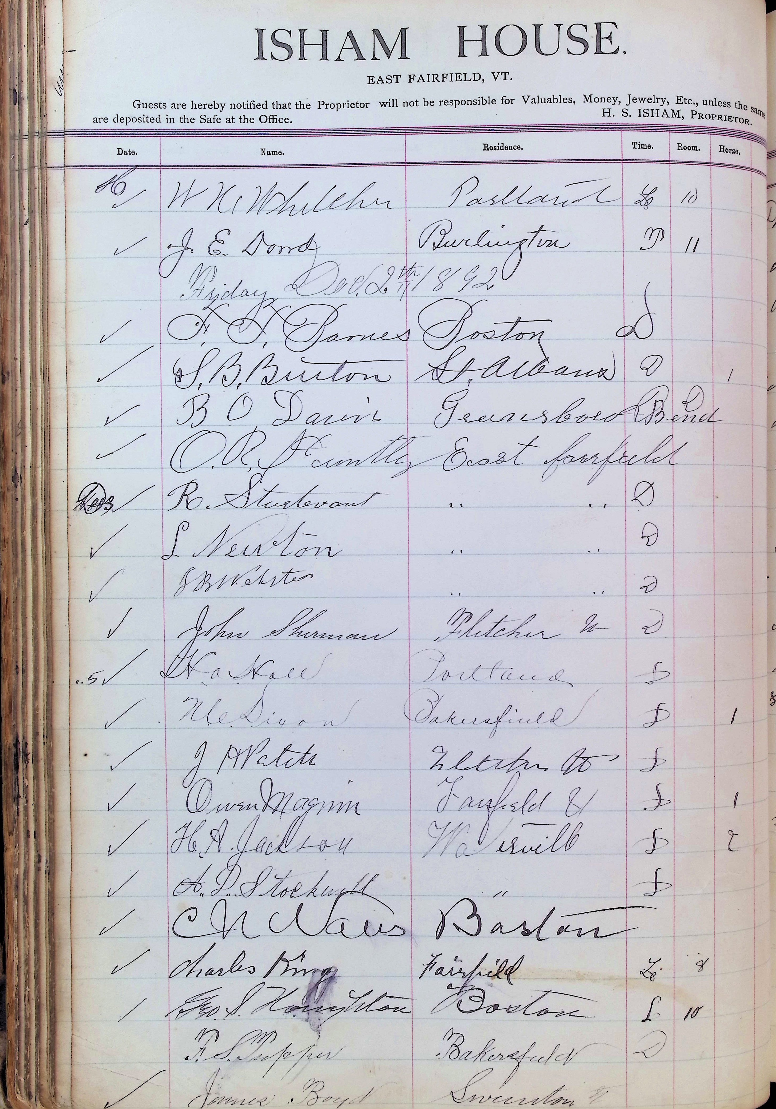 Isham Hotel register Vol. 3, Page 106