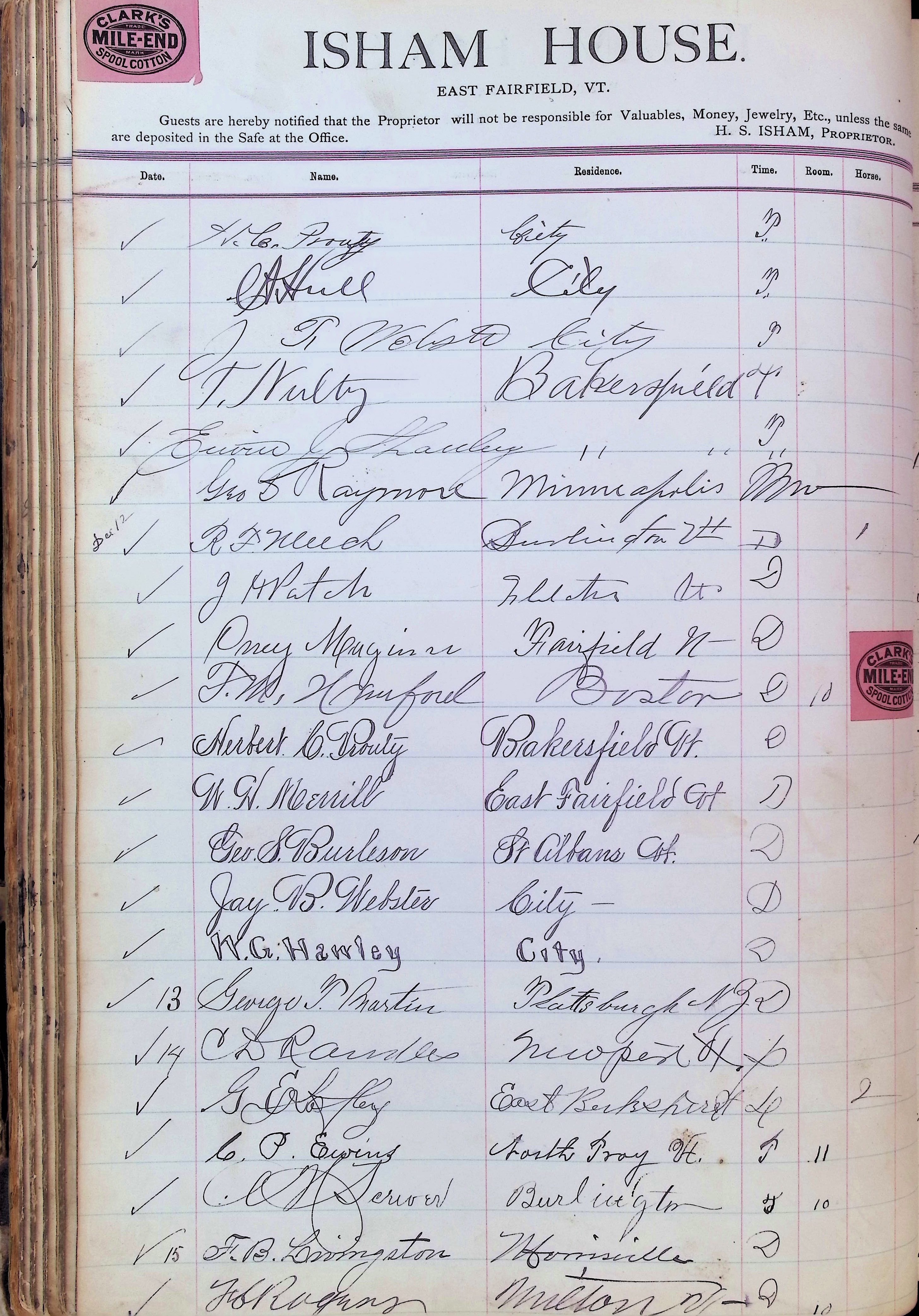 Isham Hotel register Vol. 3, Page 108