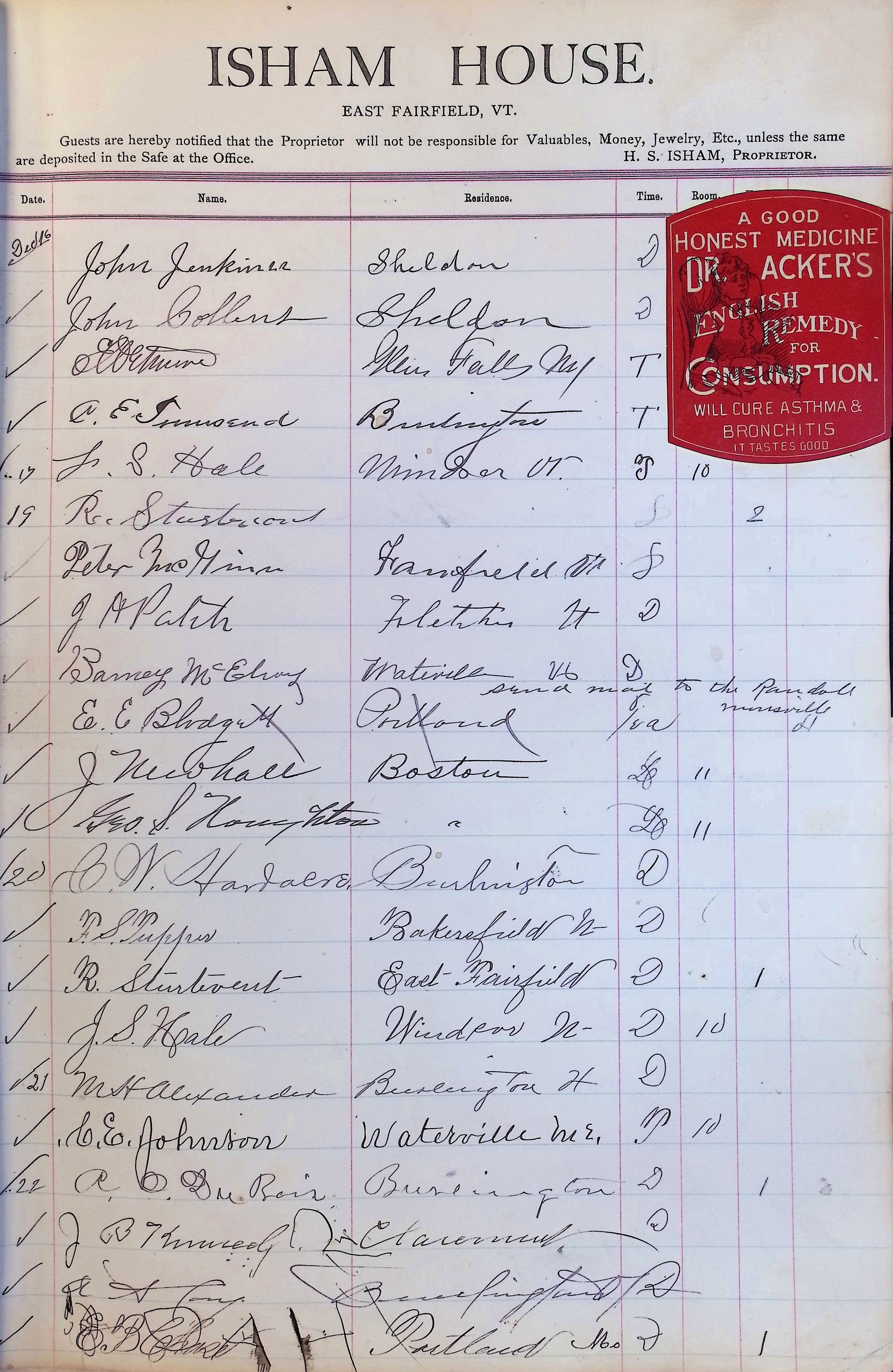 Isham Hotel register Vol. 3, Page 109