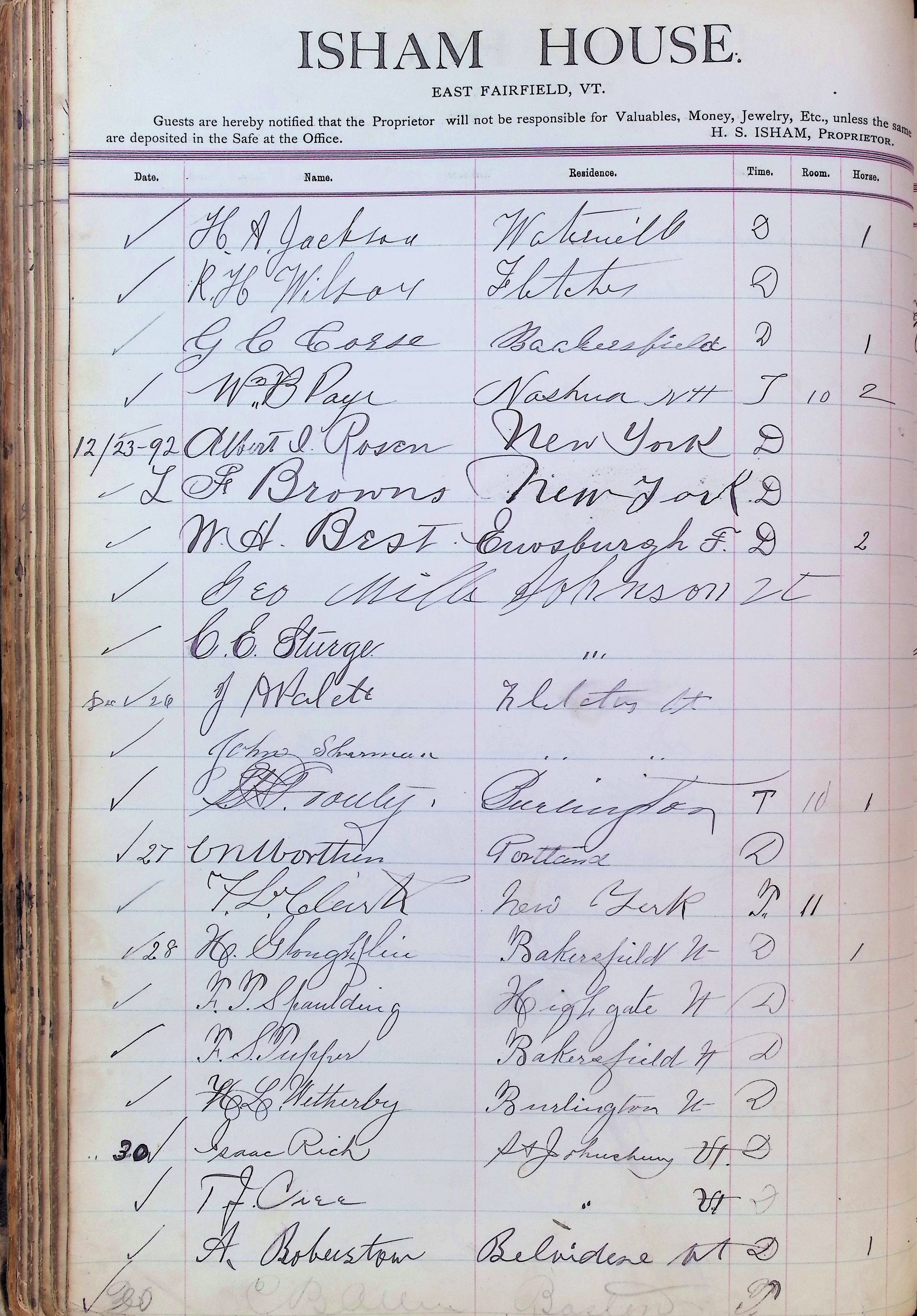 Isham Hotel register Vol. 3, Page 110