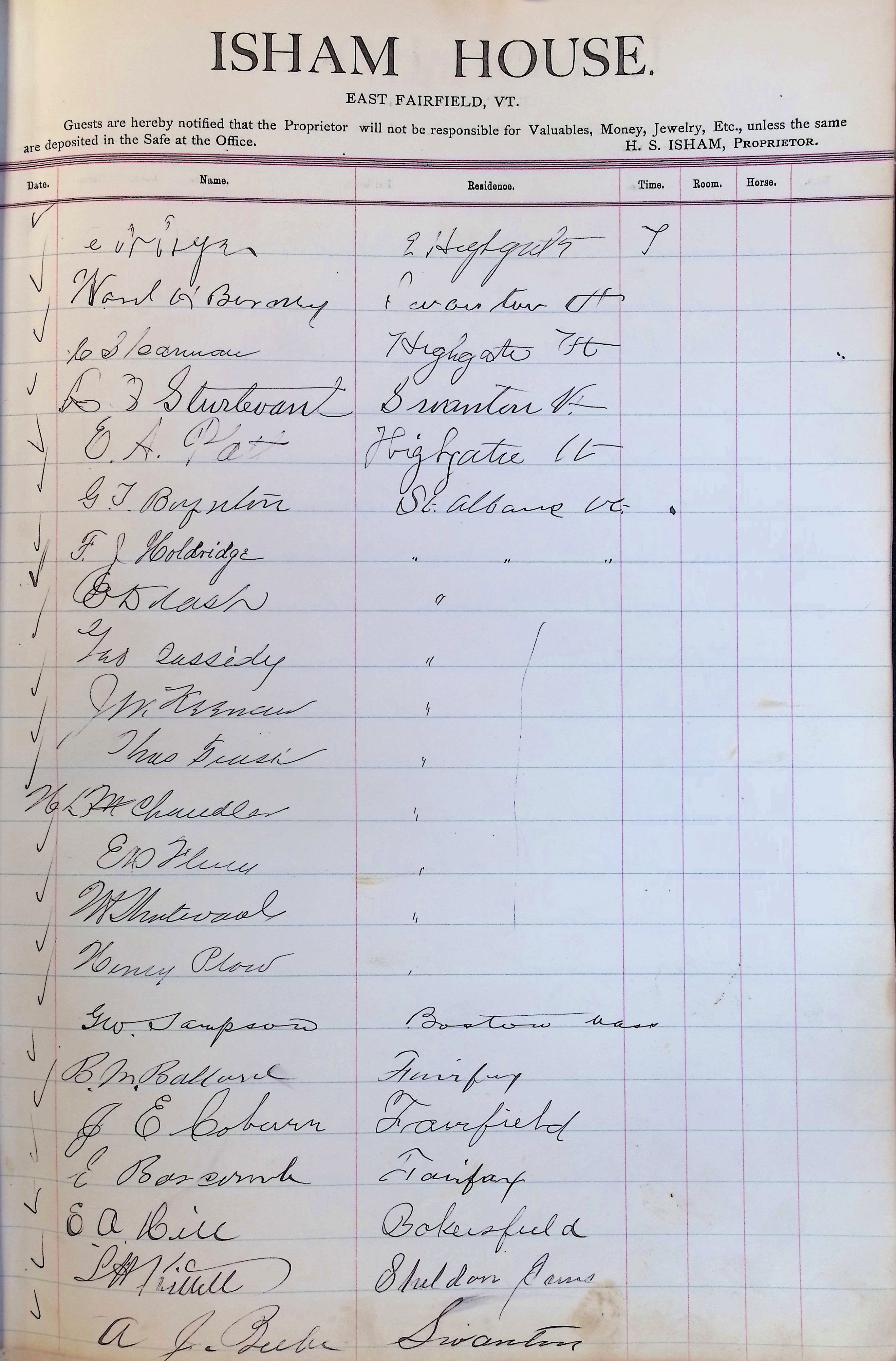 Isham Hotel register Vol. 3, Page 121