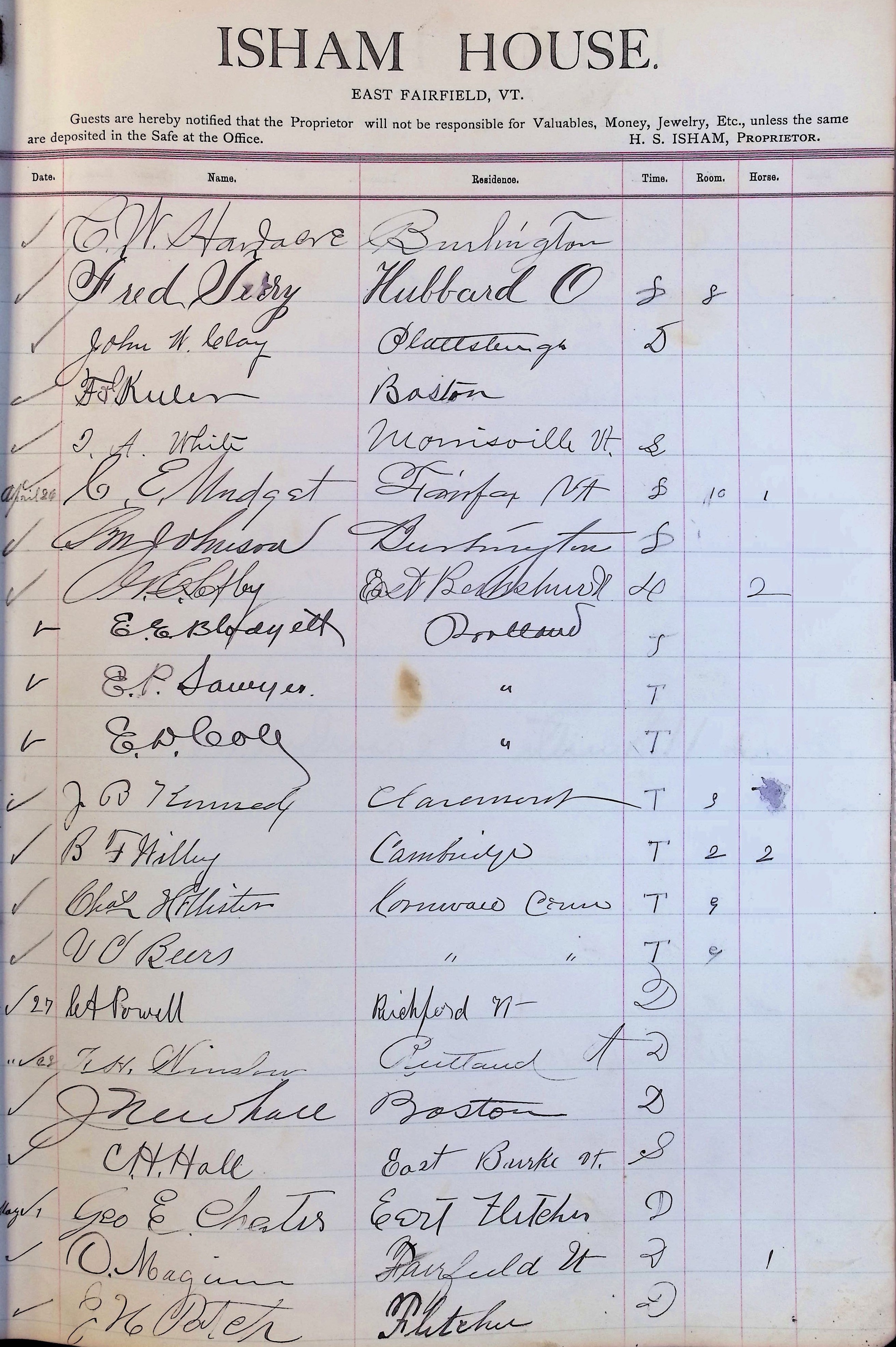 Isham Hotel register Vol. 3, Page 133