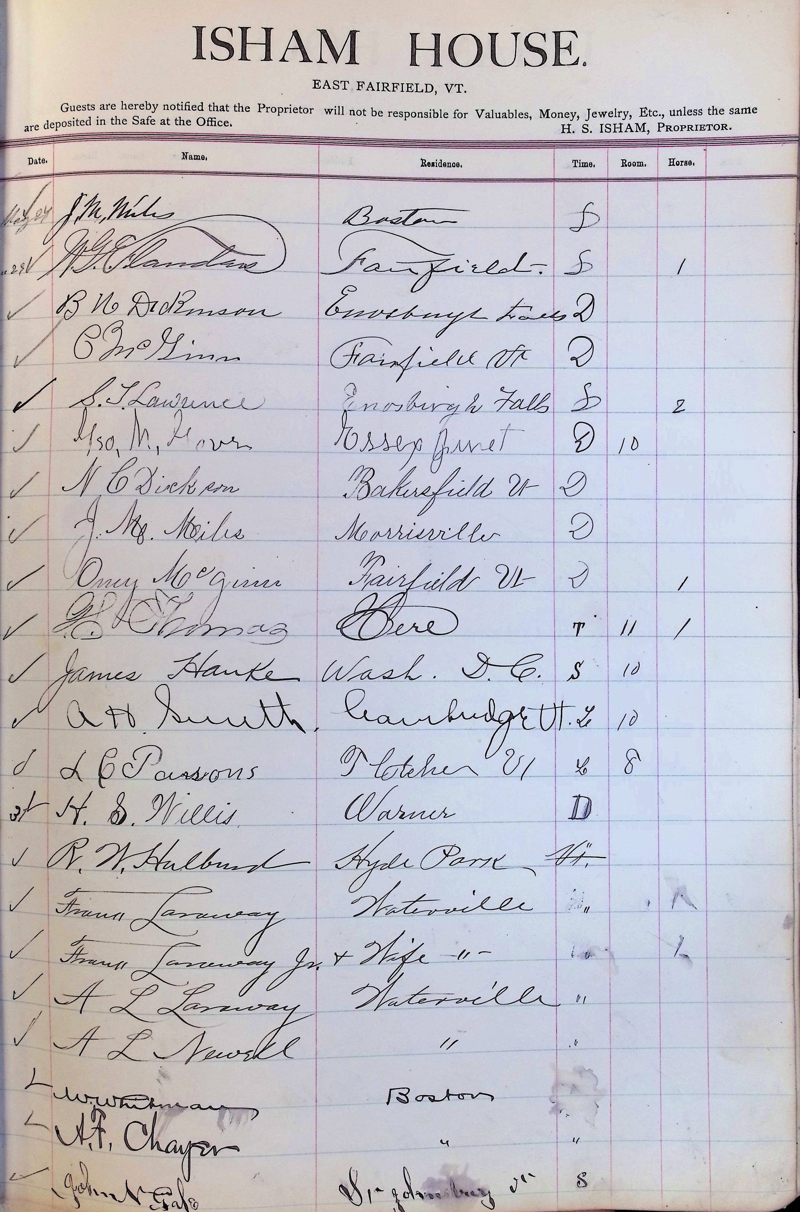 Isham Hotel register Vol. 3, Page 139
