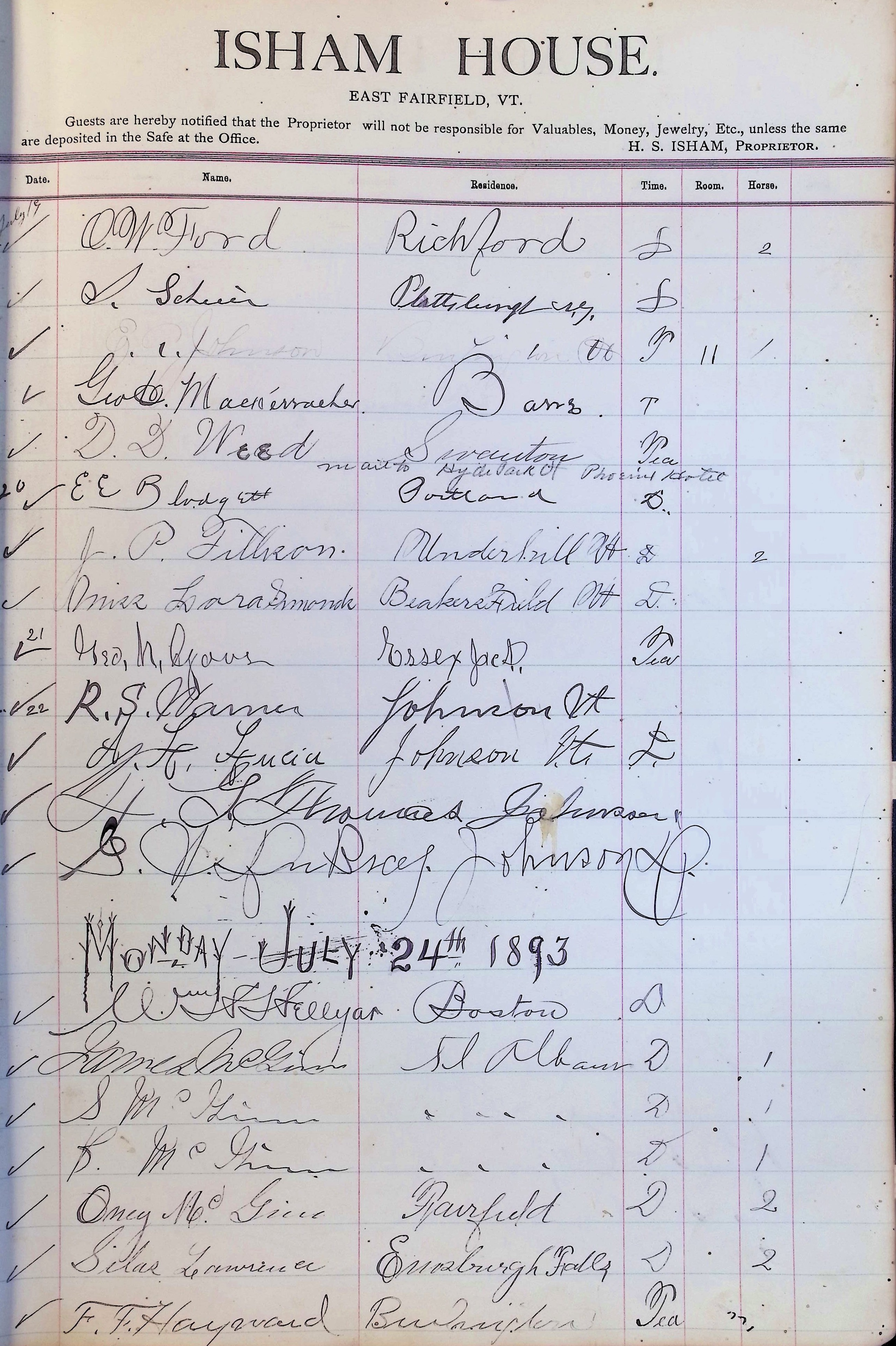 Isham Hotel register Vol. 3, Page 149
