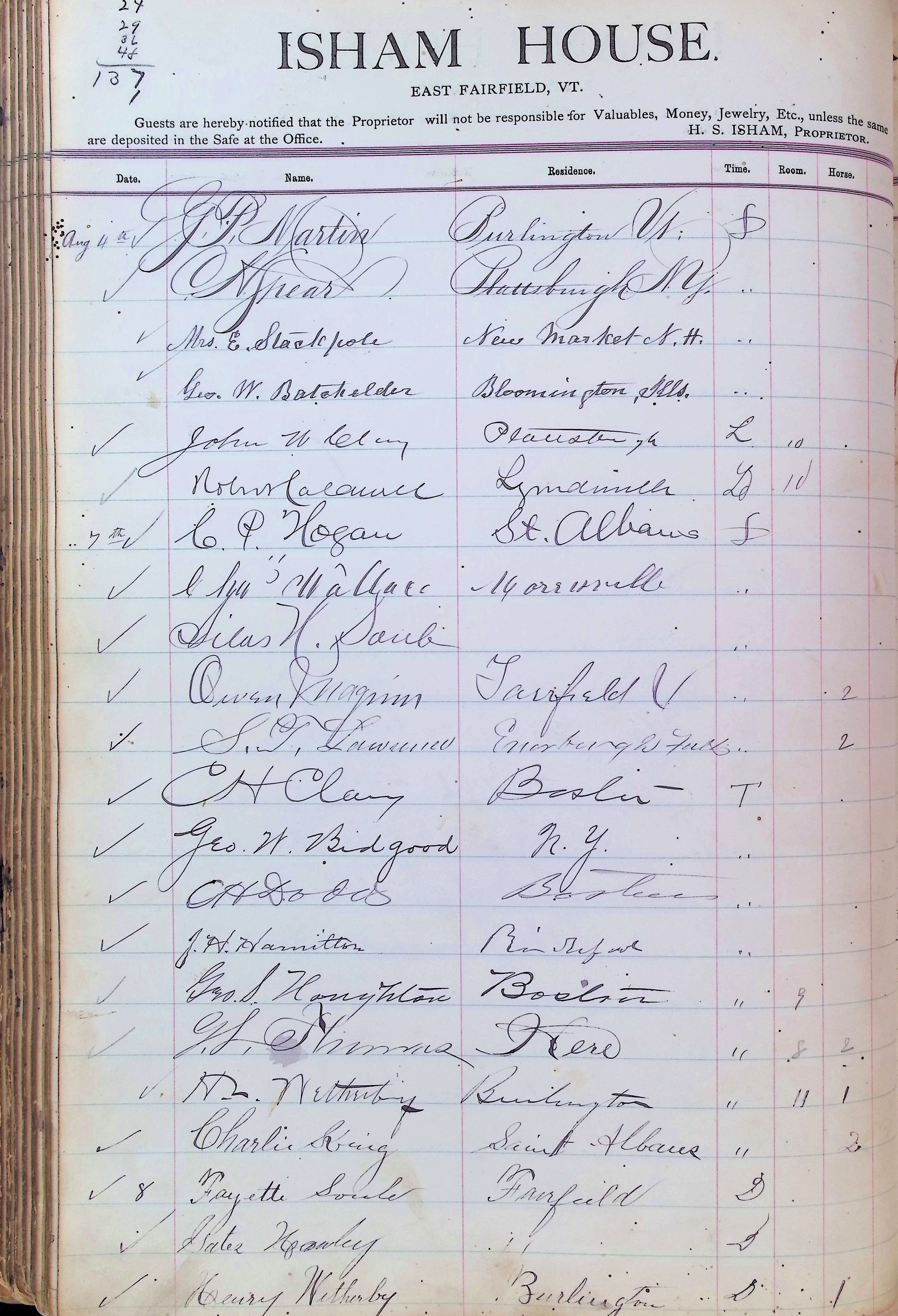 Isham Hotel register Vol. 3, Page 152