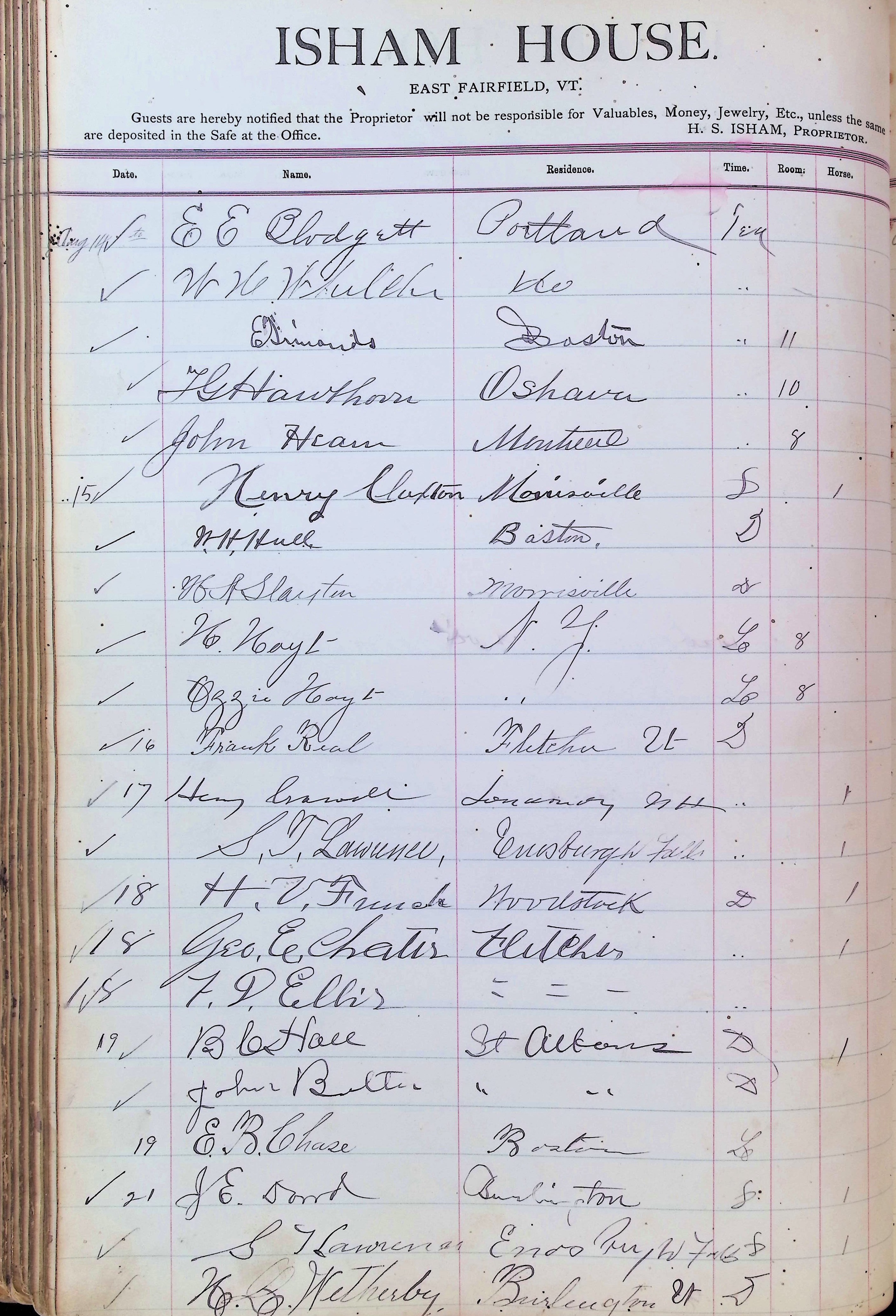 Isham Hotel register Vol. 3, Page 154