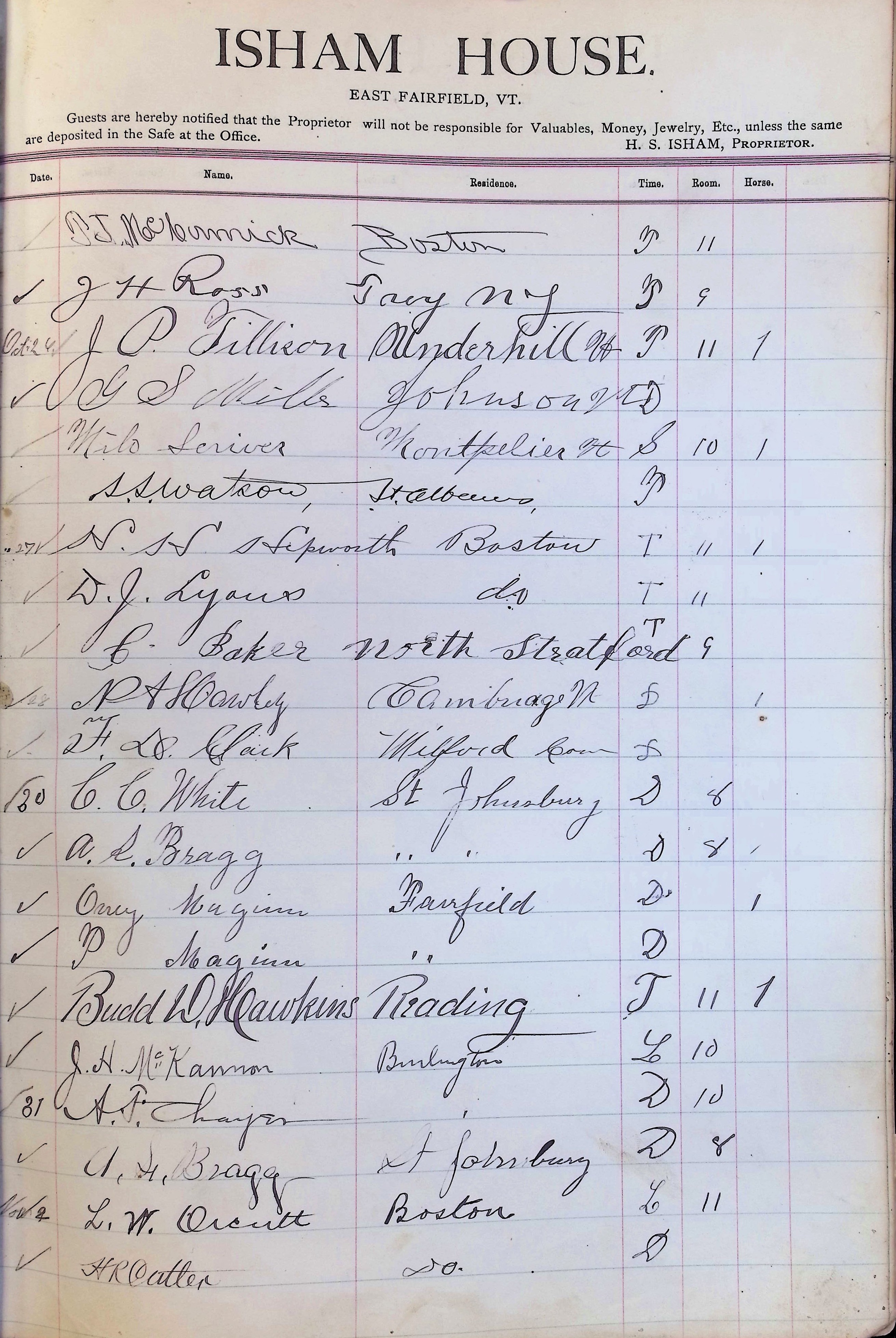 Isham Hotel register Vol. 3, Page 165