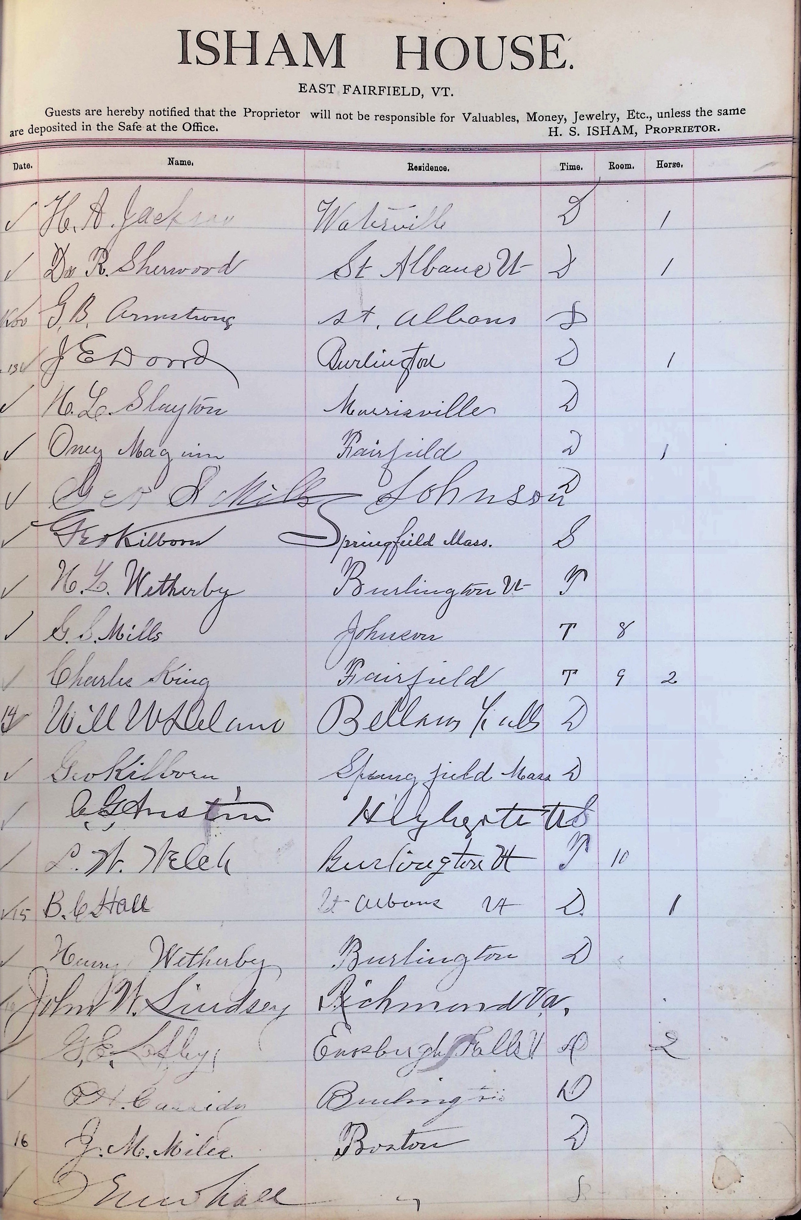 Isham Hotel register Vol. 3, Page 167