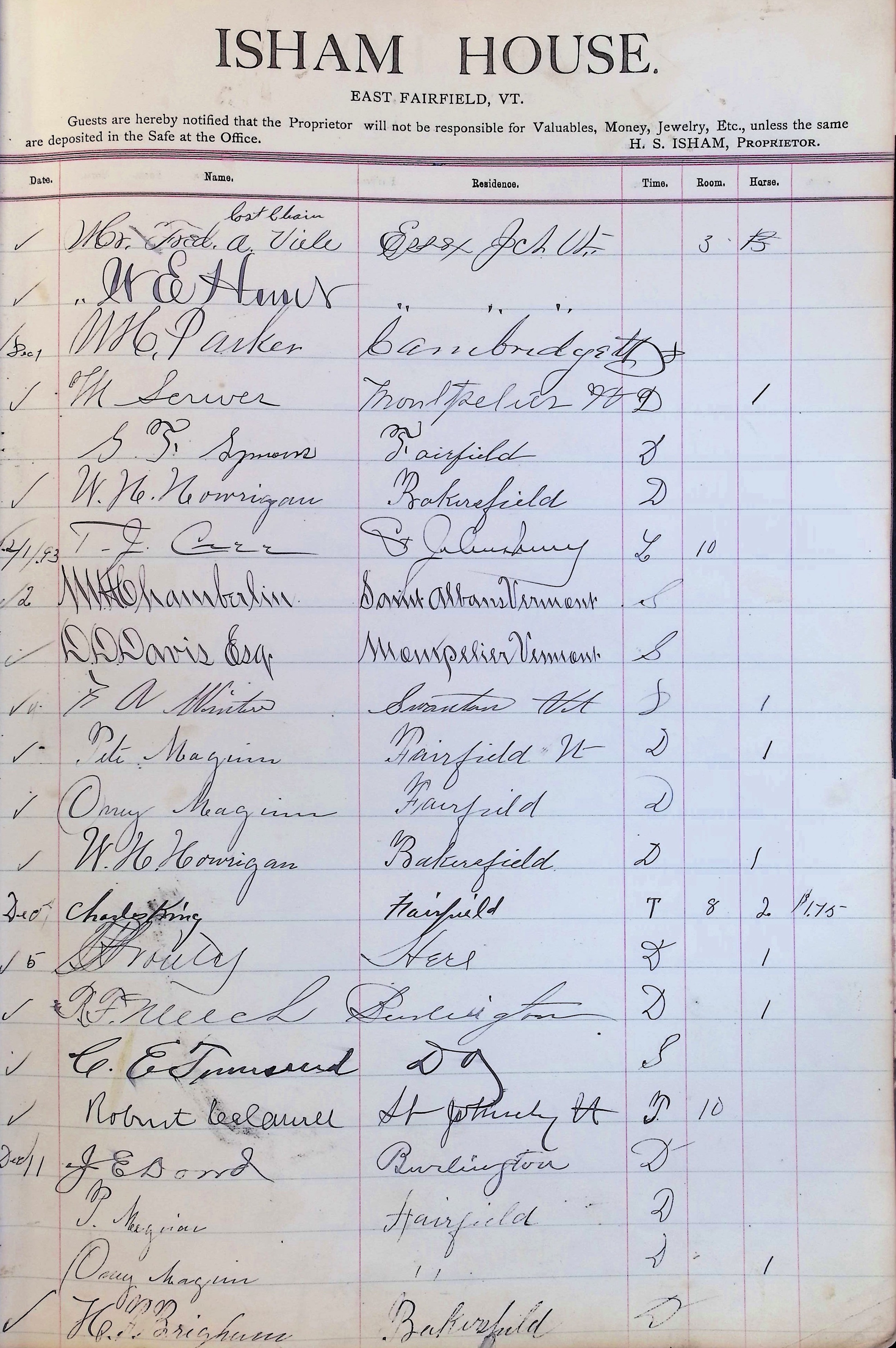 Isham Hotel register Vol. 3, Page 173