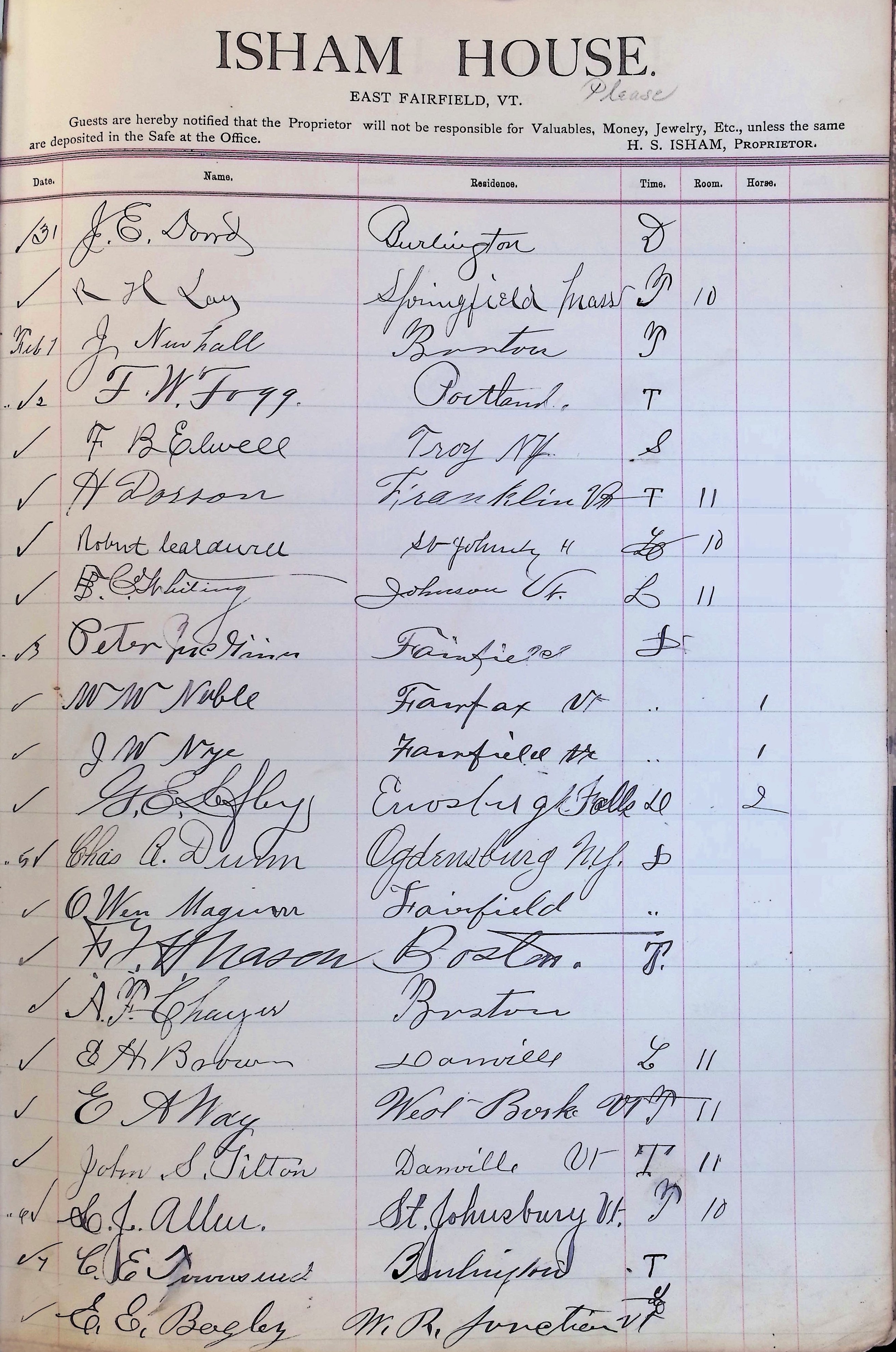Isham Hotel register Vol. 3, Page 179
