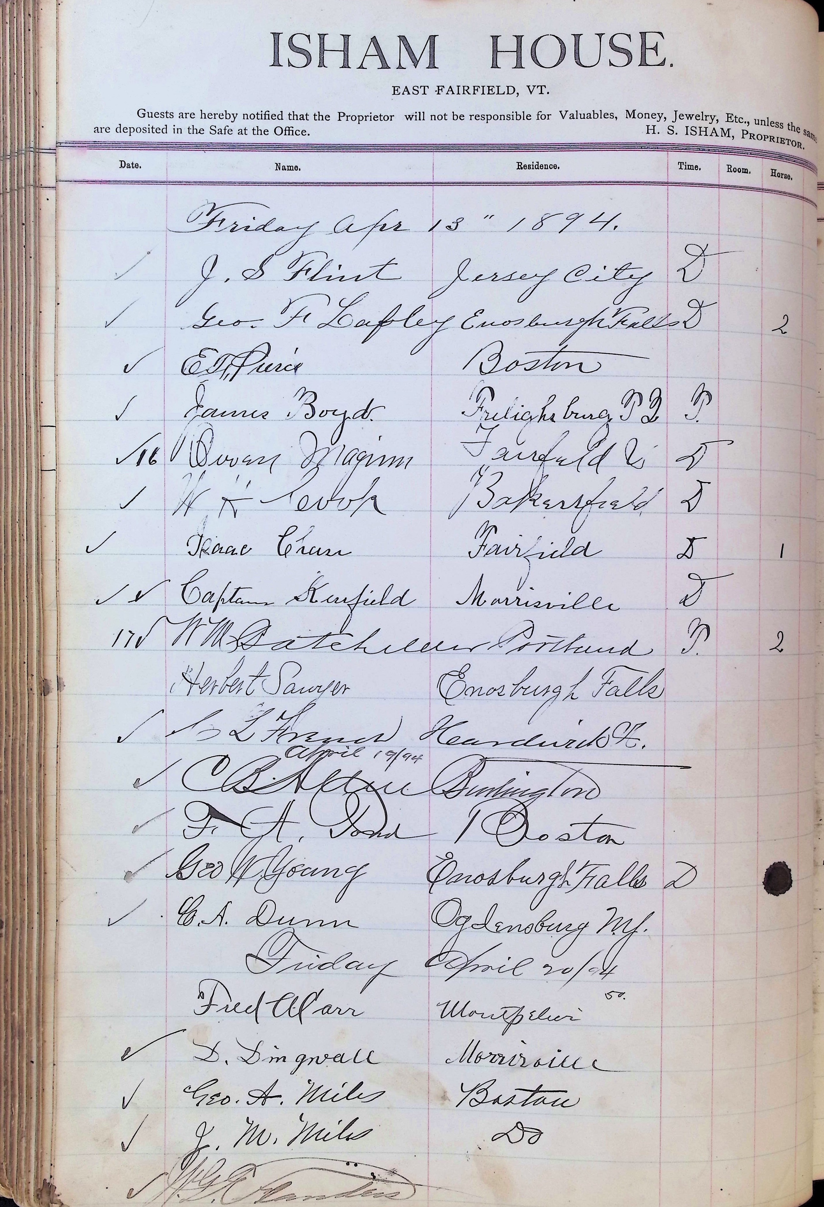 Isham Hotel register Vol. 3, Page 188