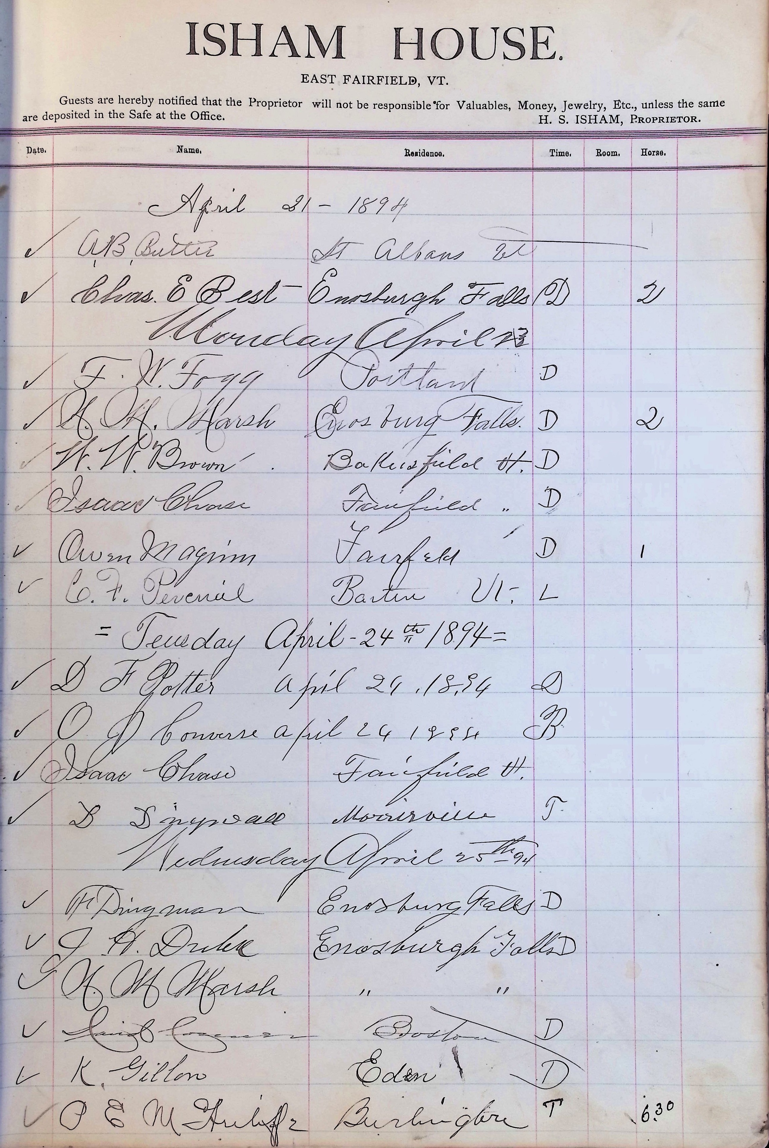 Isham Hotel register Vol. 3, Page 189