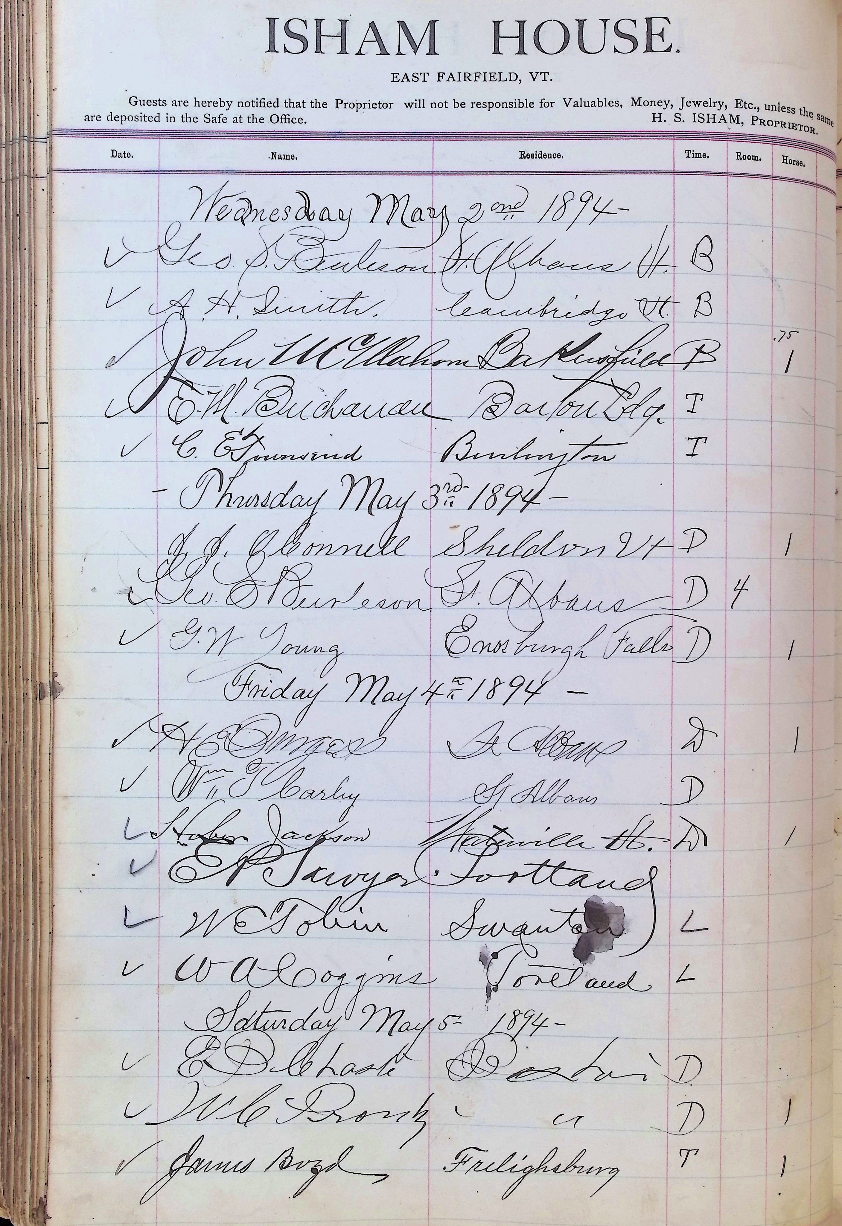 Isham Hotel register Vol. 3, Page 194