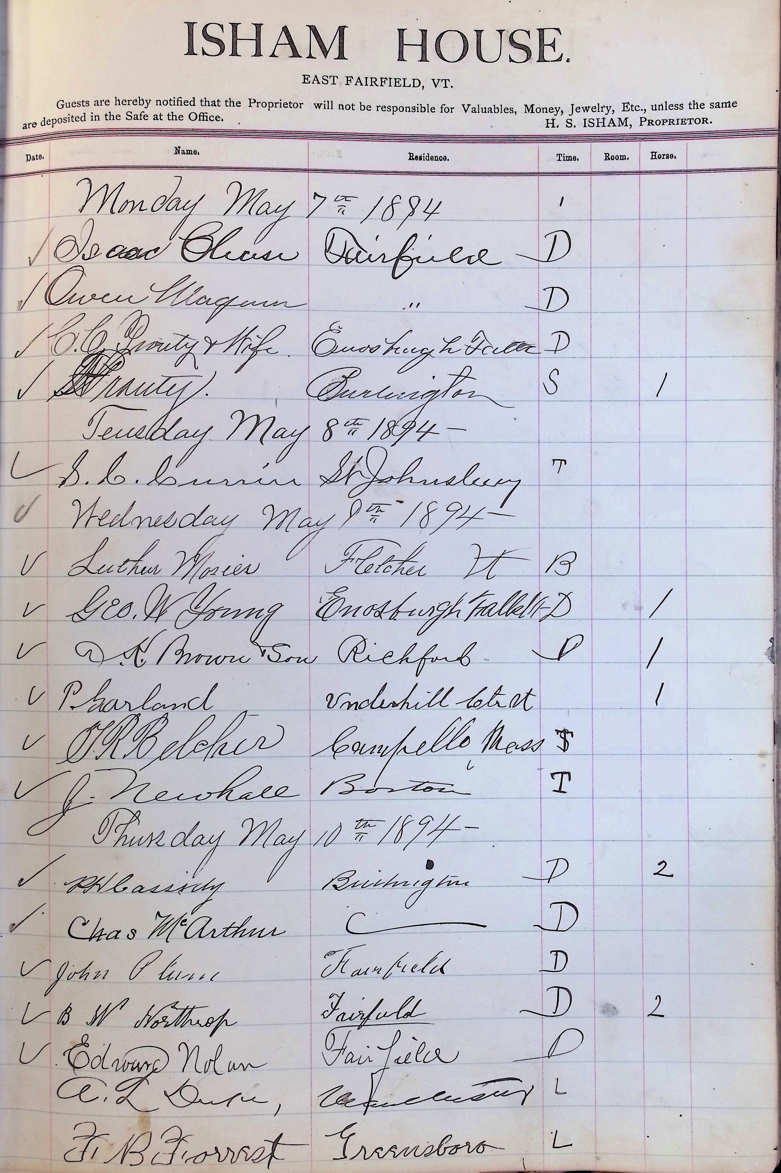 Isham Hotel register Vol. 3, Page 195