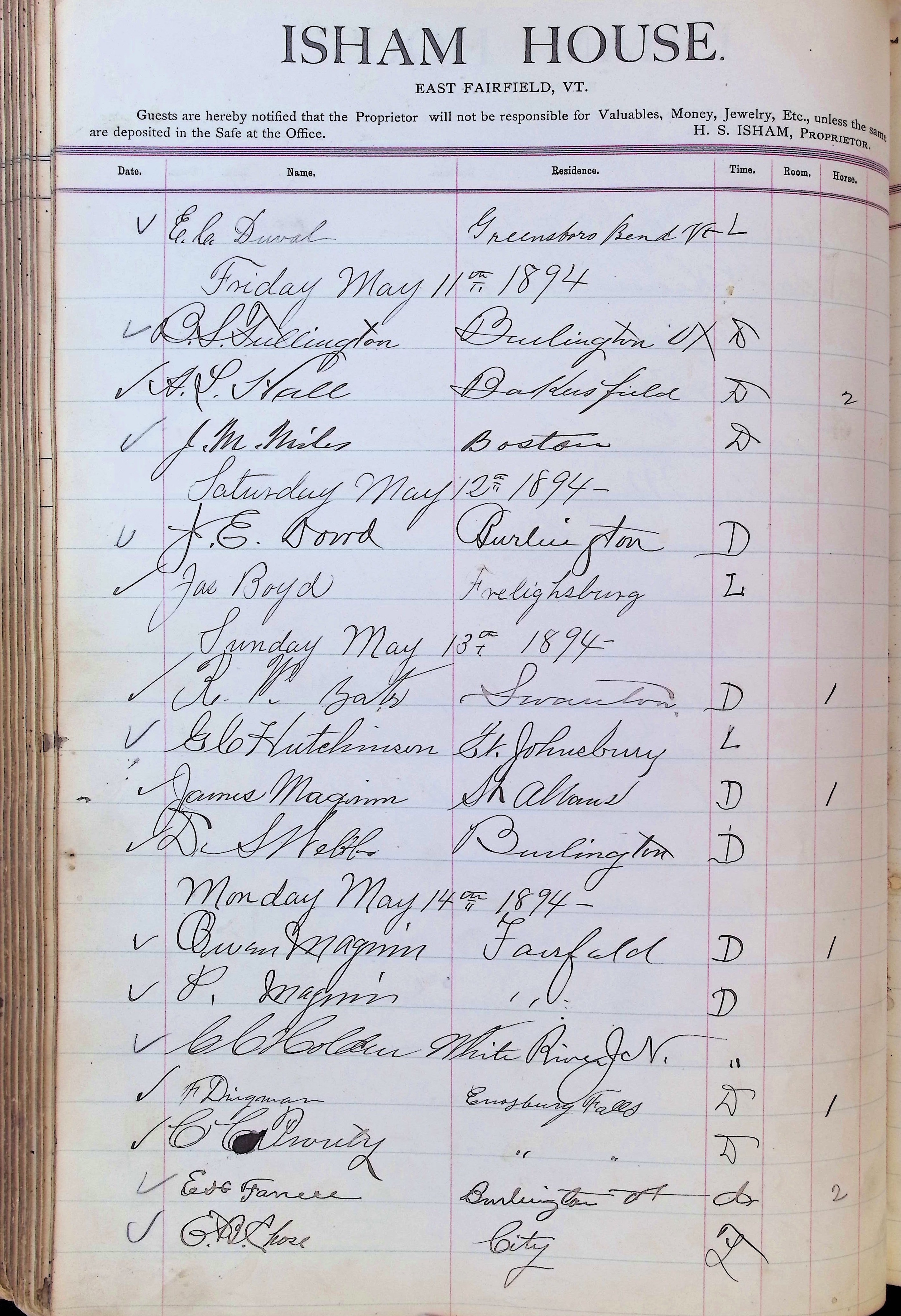 Isham Hotel register Vol. 3, Page 196
