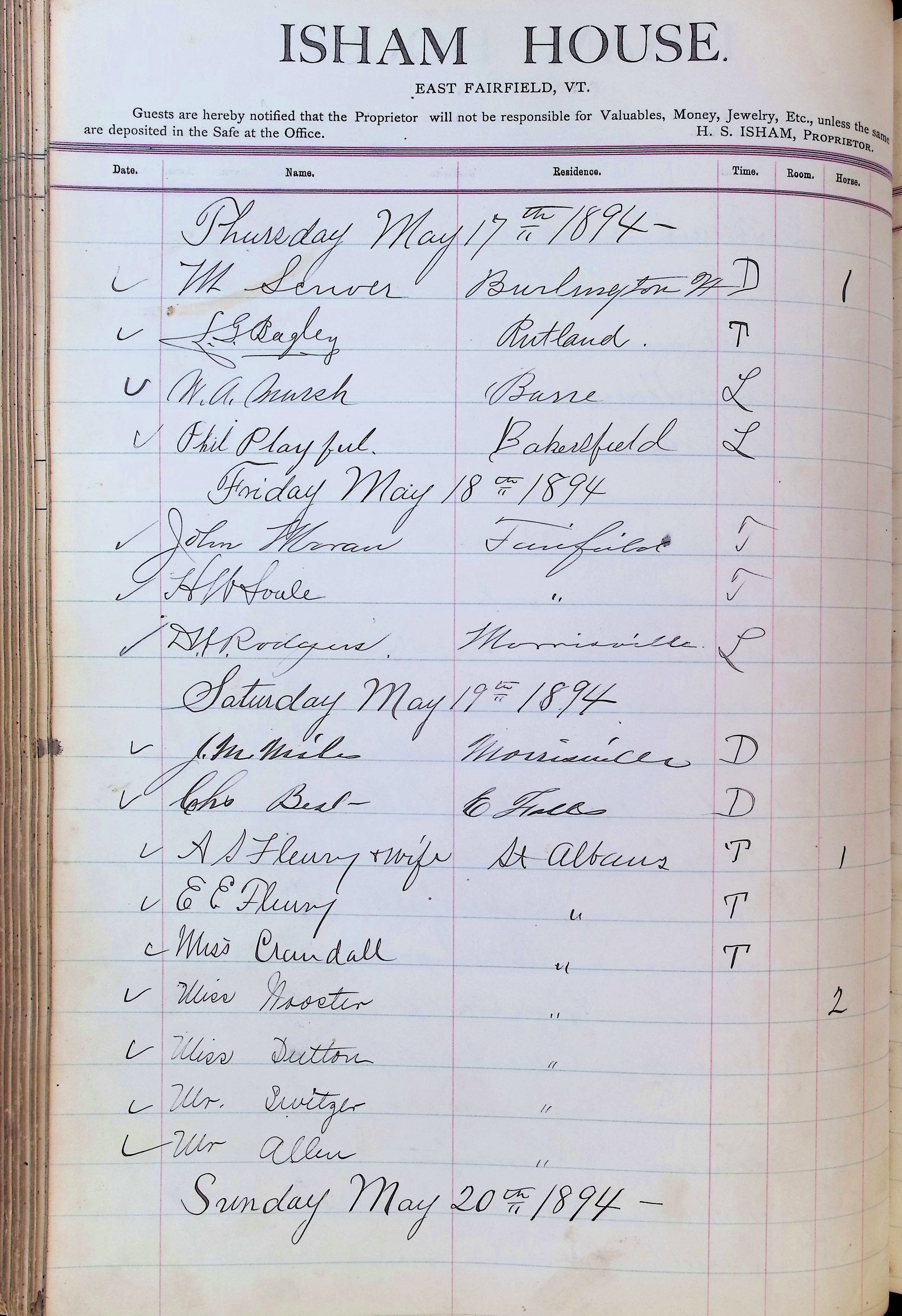 Isham Hotel register Vol. 3, Page 198