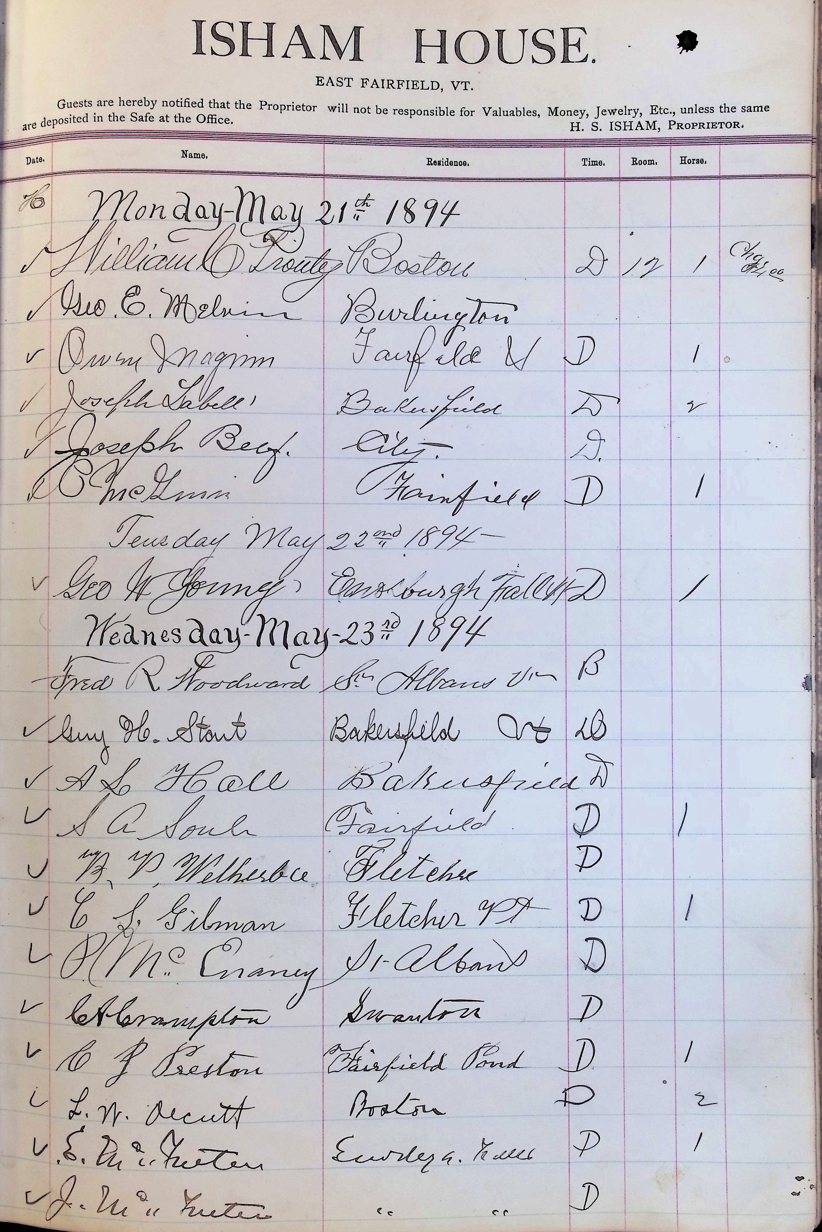 Isham Hotel register Vol. 3, Page 199
