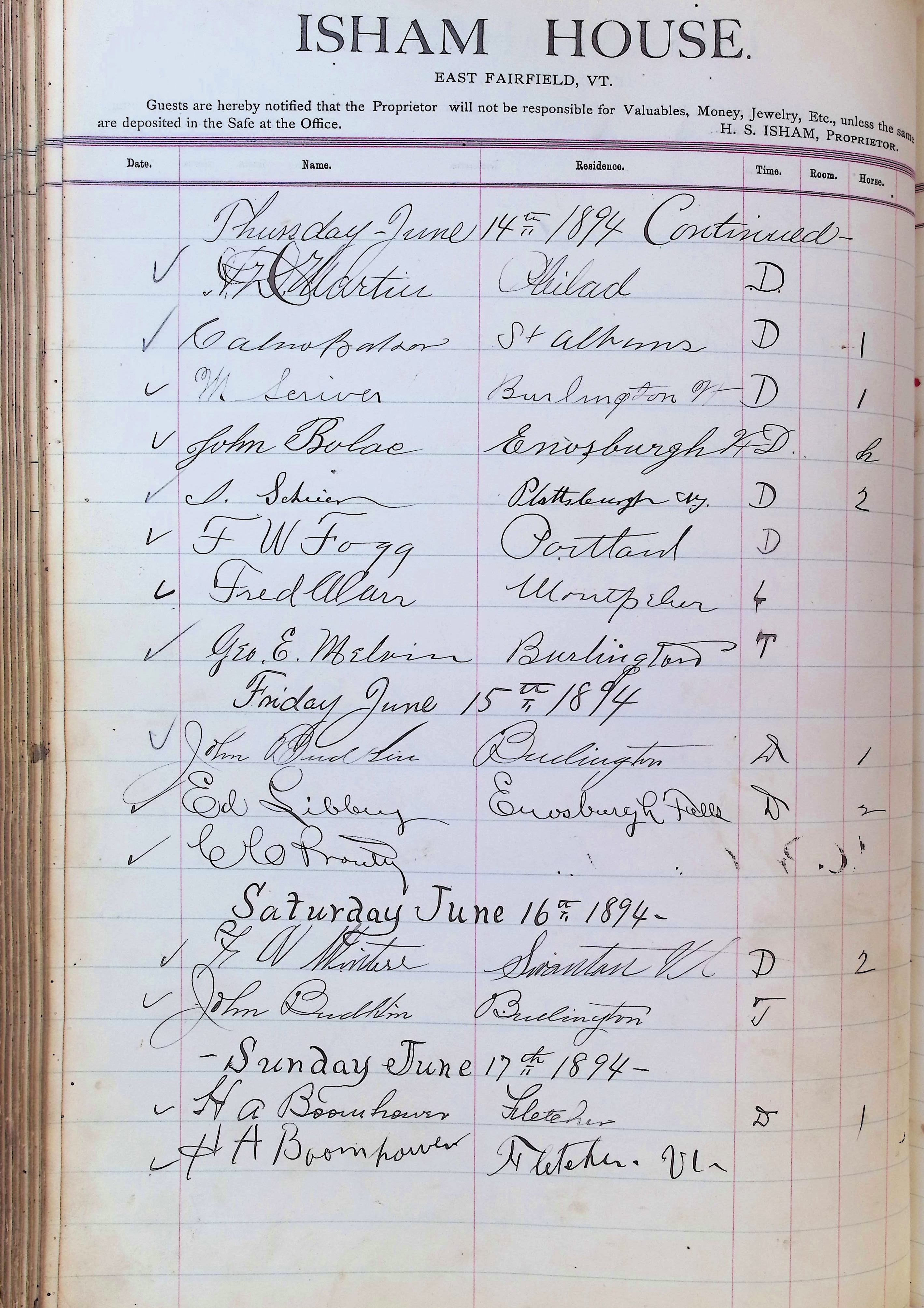 Isham Hotel register Vol. 3, Page 206