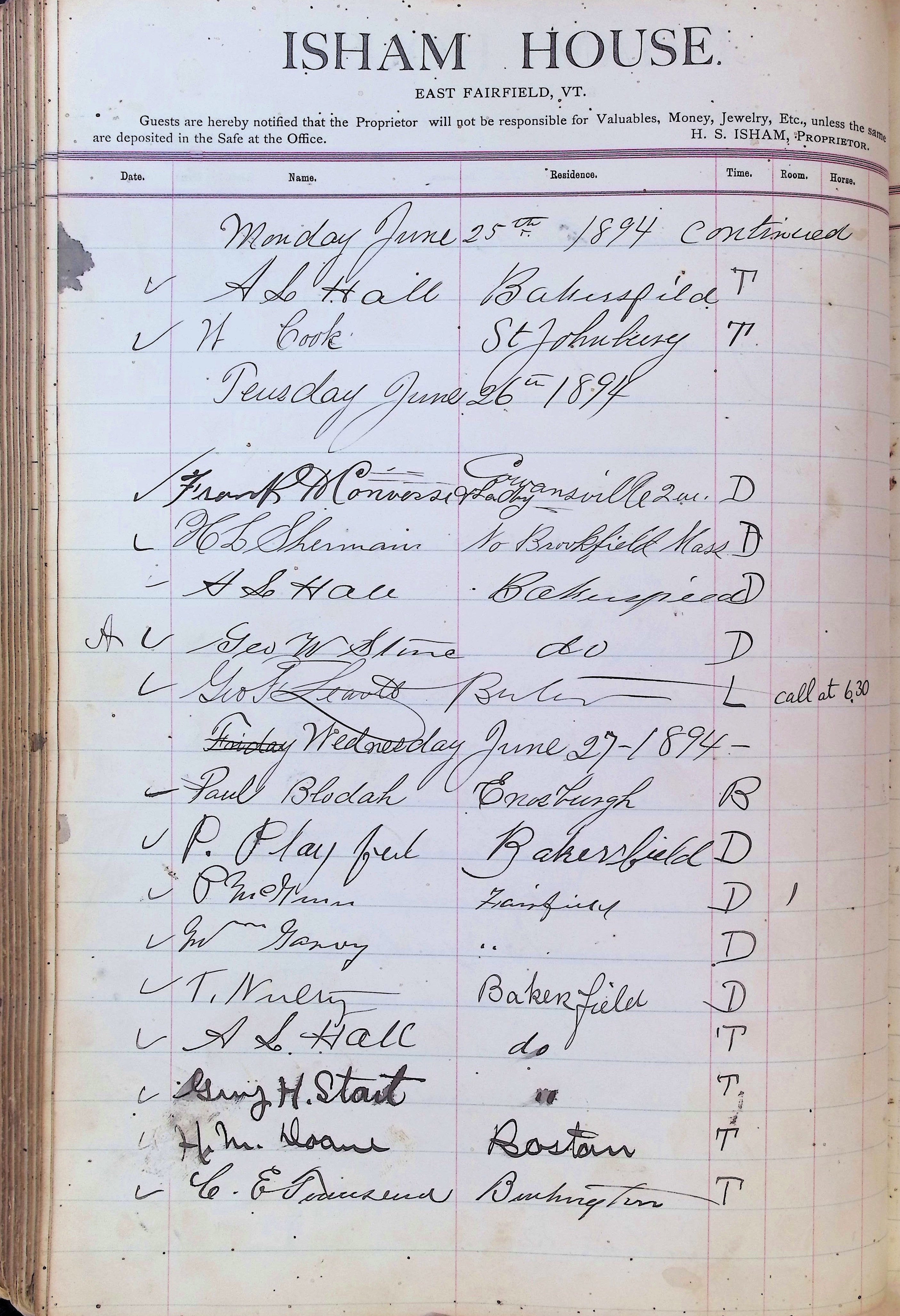 Isham Hotel register Vol. 3, Page 210