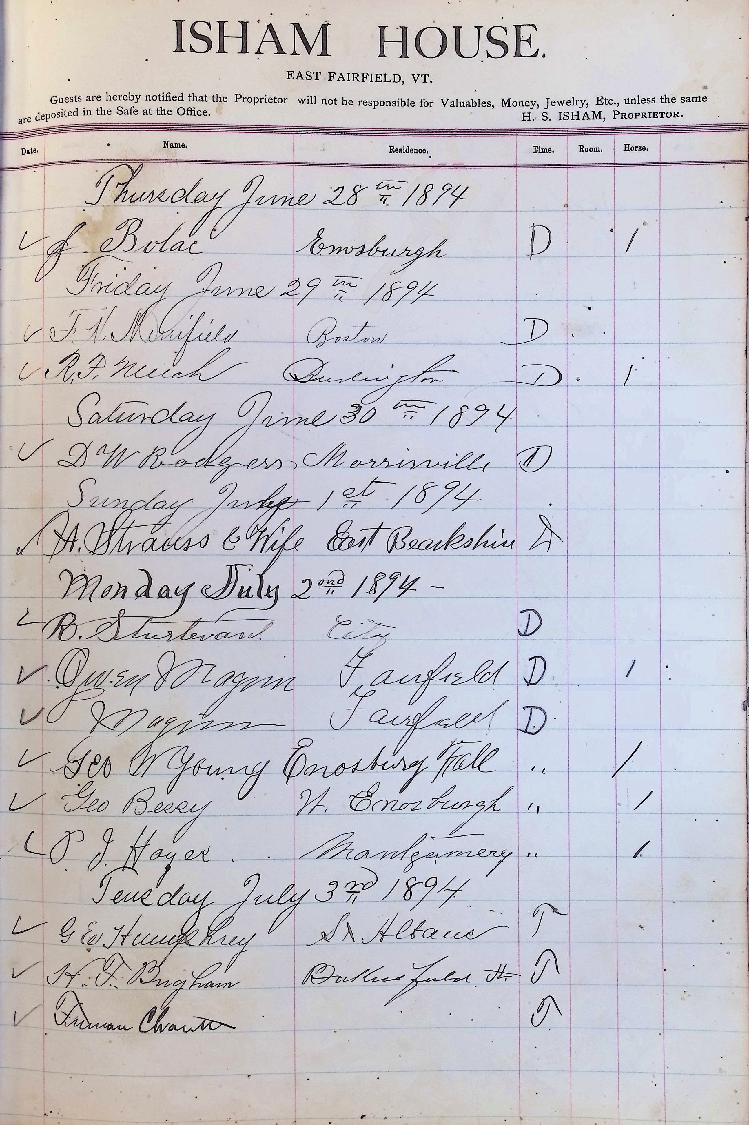 Isham Hotel register Vol. 3, Page 211