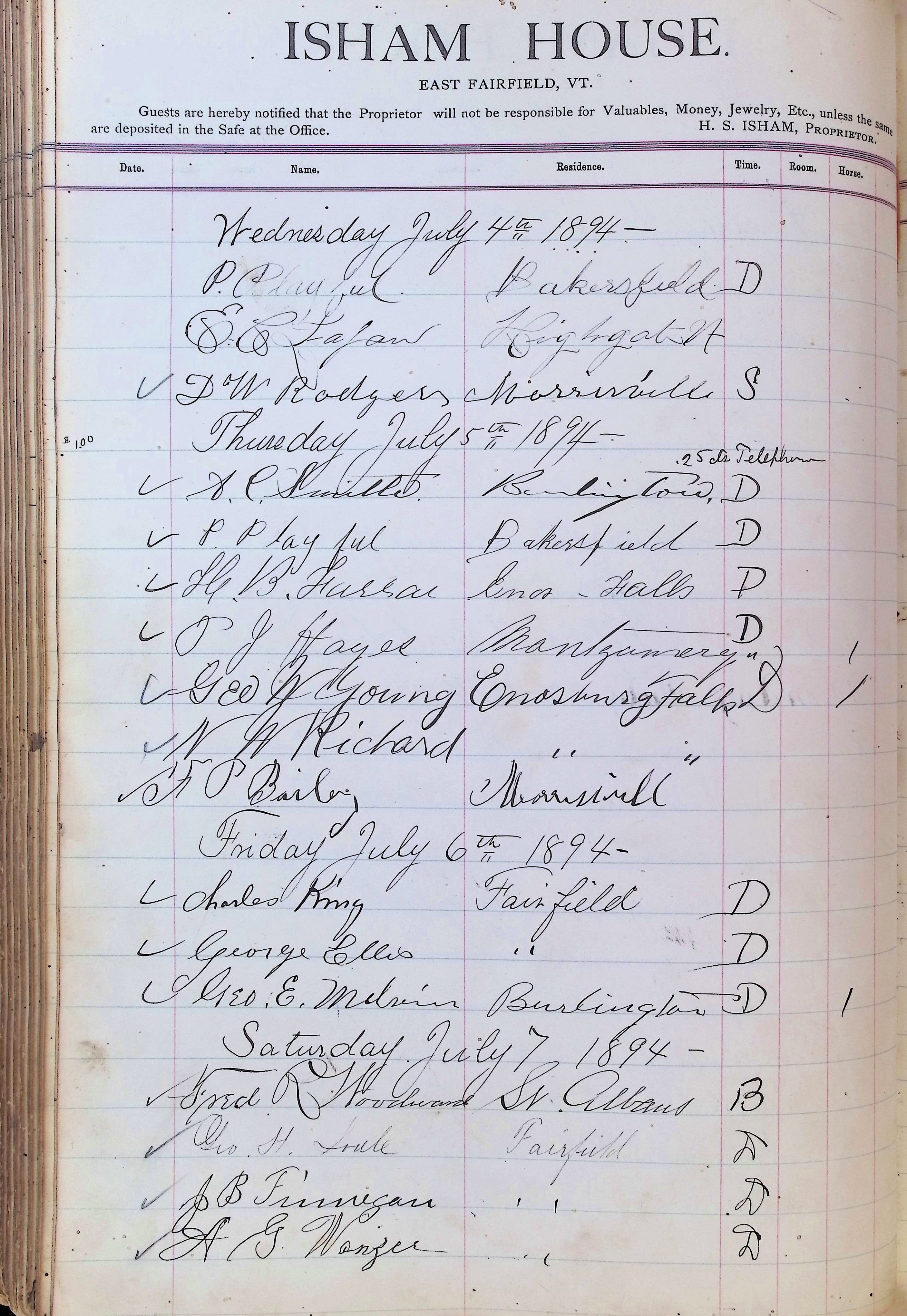 Isham Hotel register Vol. 3, Page 212