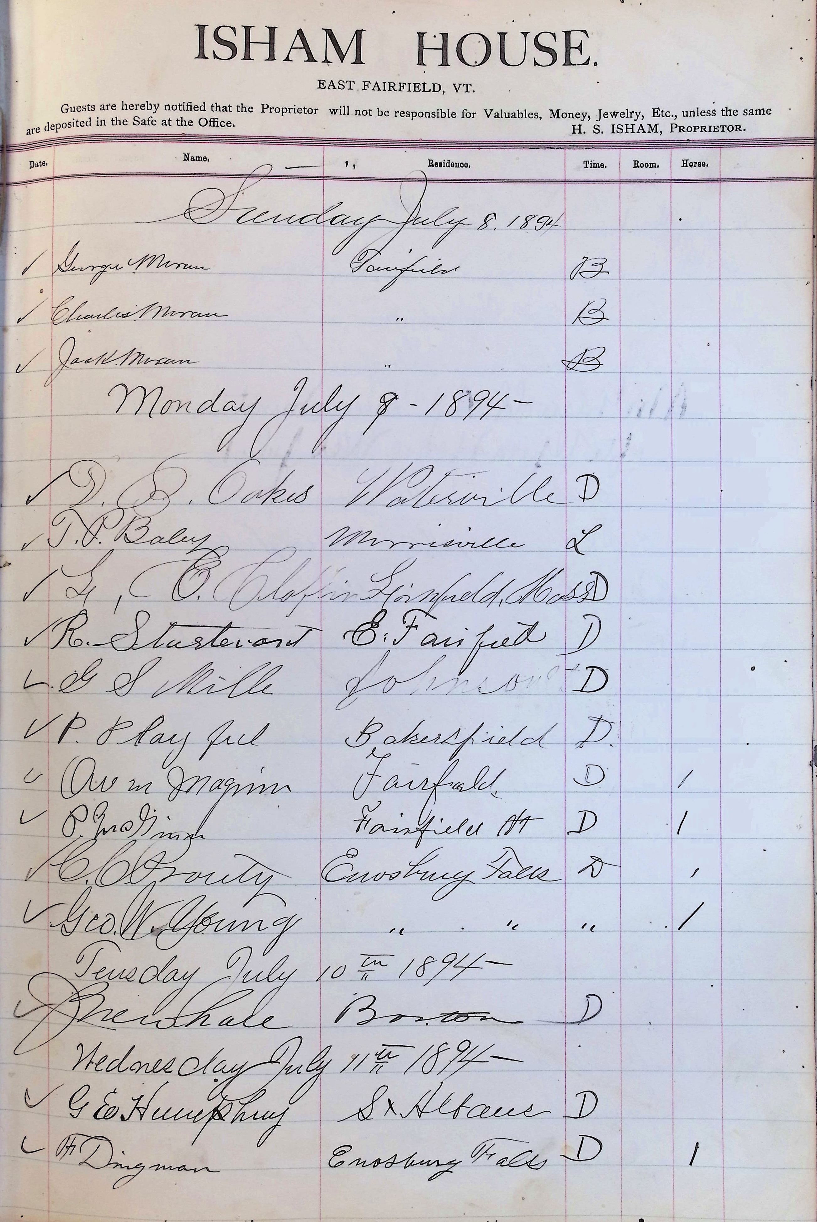 Isham Hotel register Vol. 3, Page 213