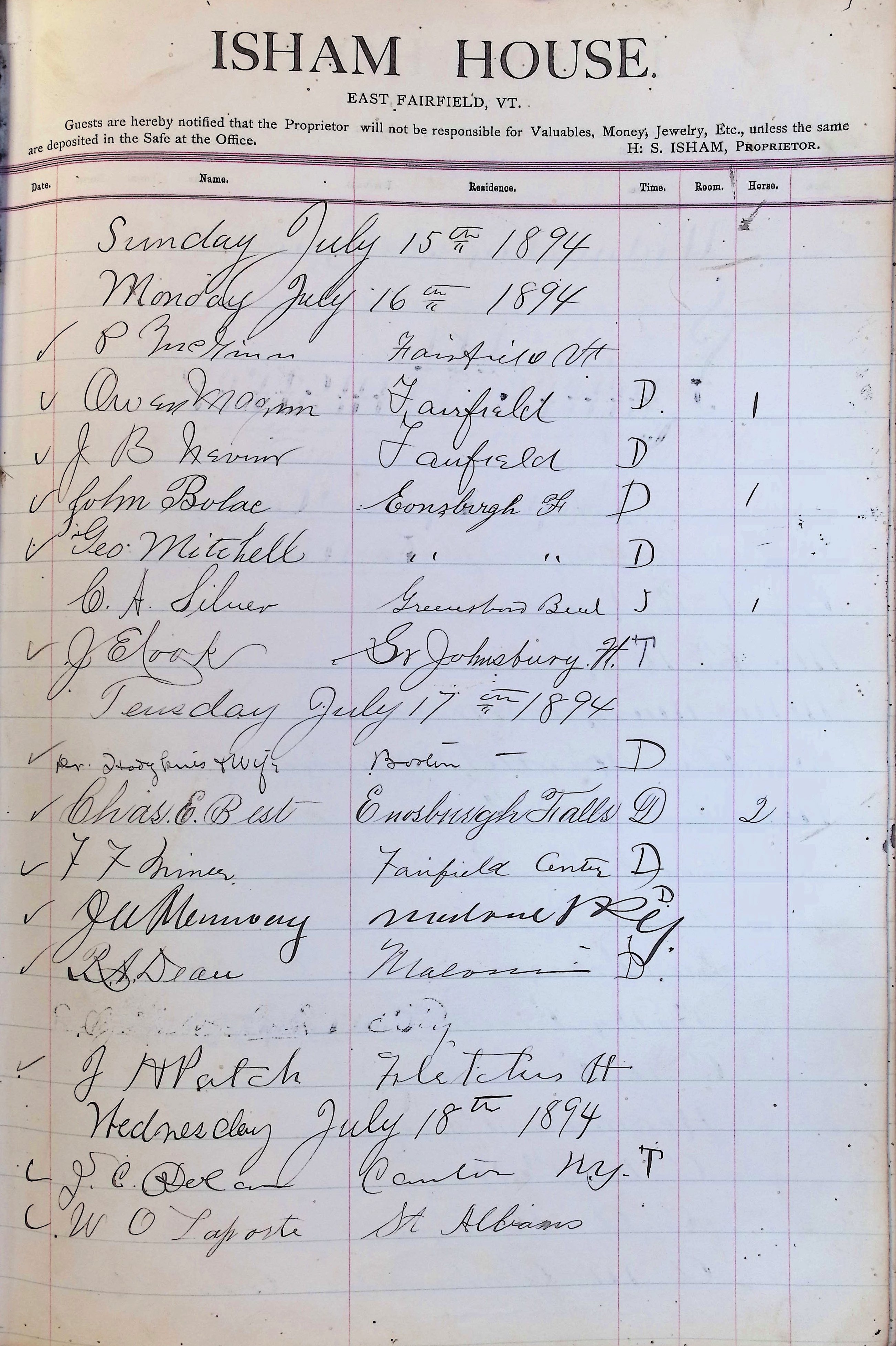 Isham Hotel register Vol. 3, Page 215