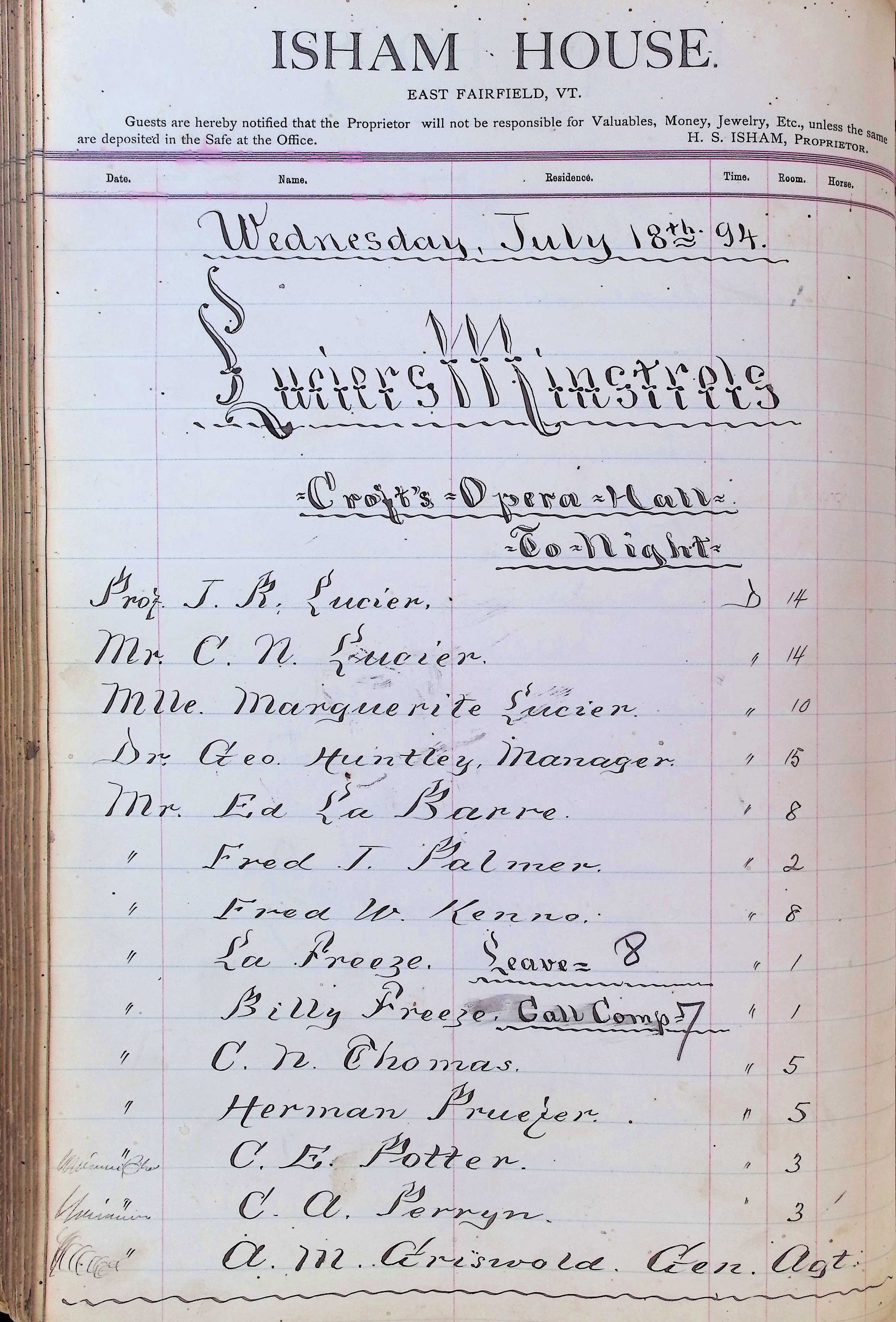 Isham Hotel register Vol. 3, Page 216