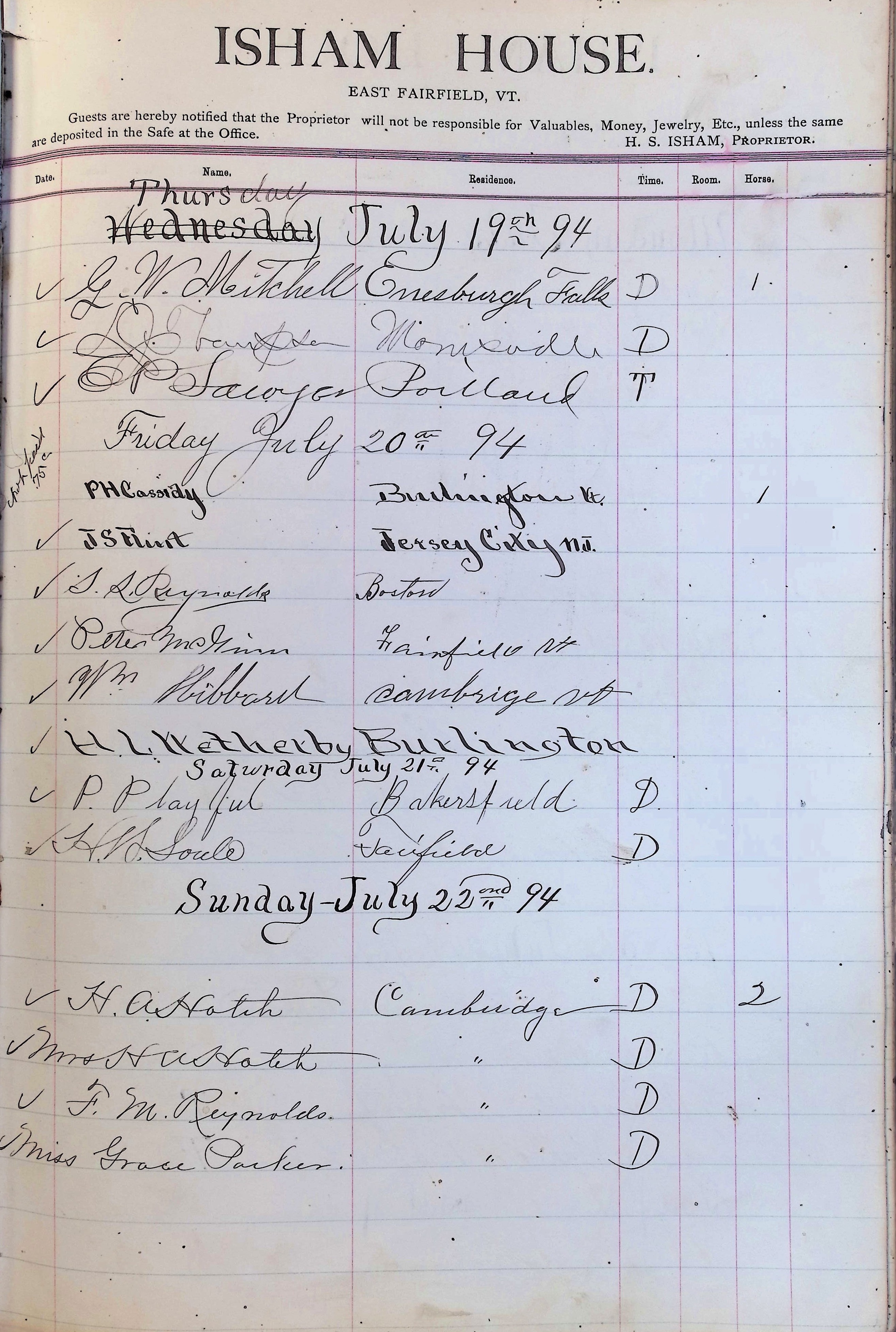 Isham Hotel register Vol. 3, Page 217