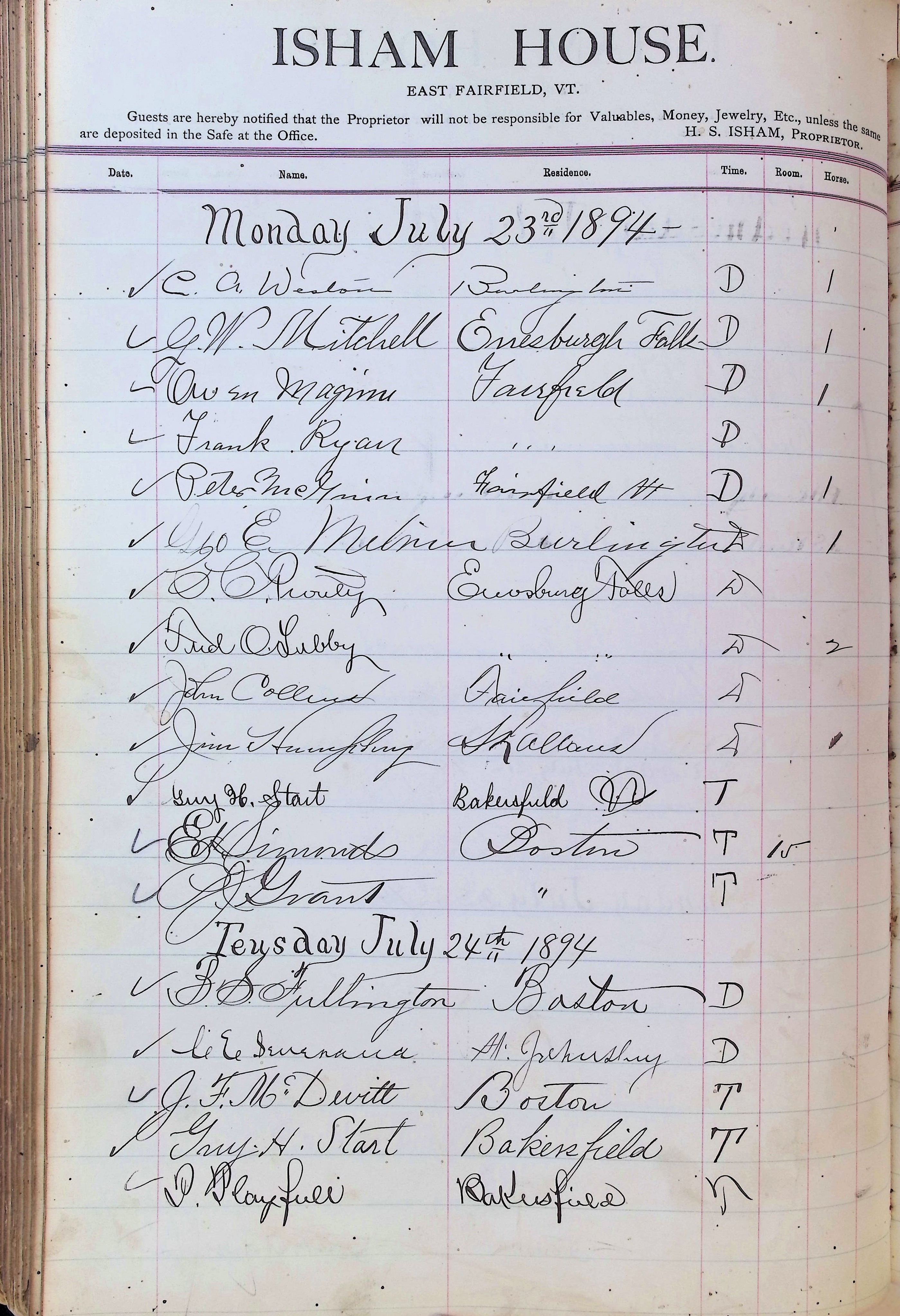 Isham Hotel register Vol. 3, Page 218
