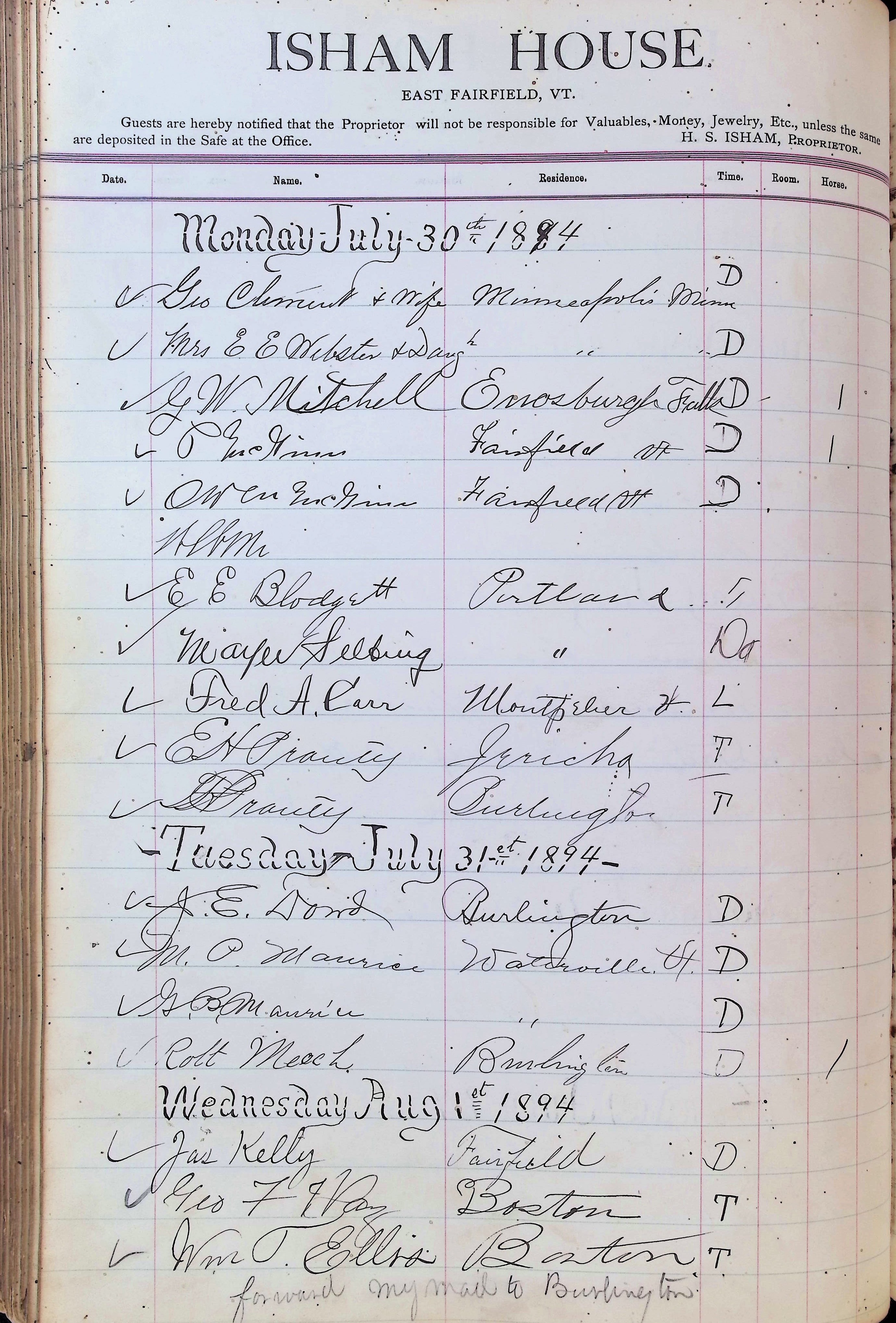 Isham Hotel register Vol. 3, Page 220