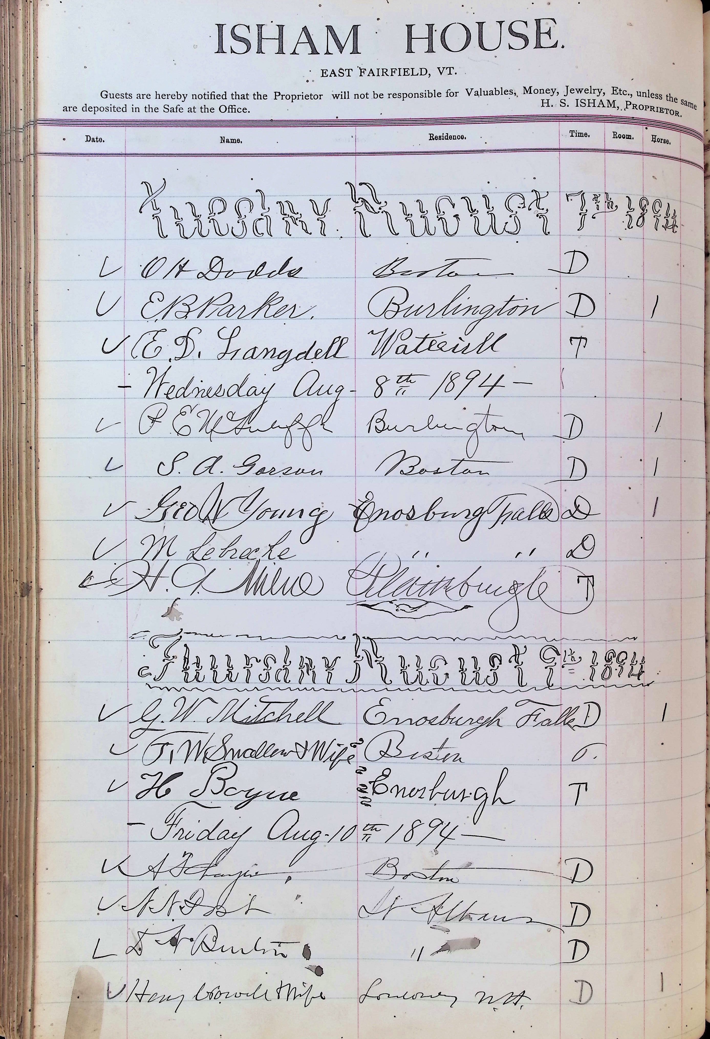 Isham Hotel register Vol. 3, Page 222
