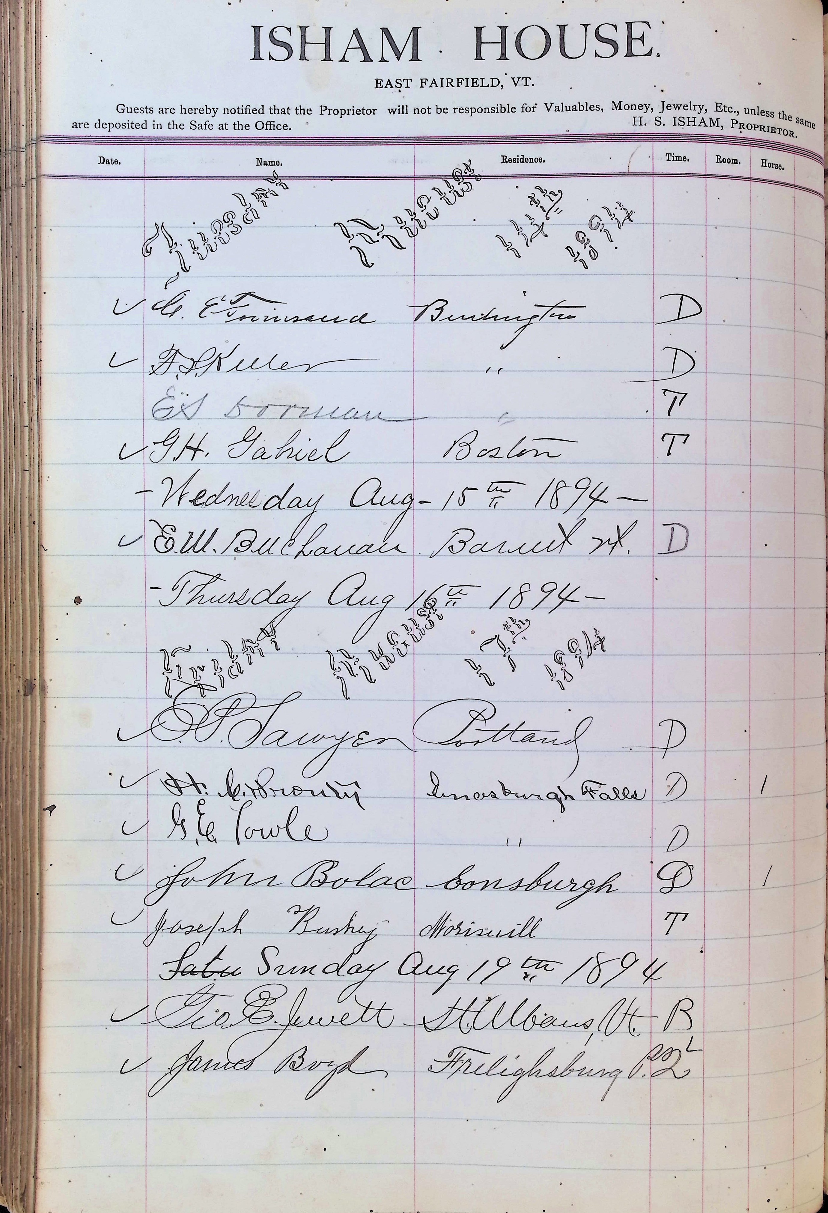 Isham Hotel register Vol. 3, Page 224