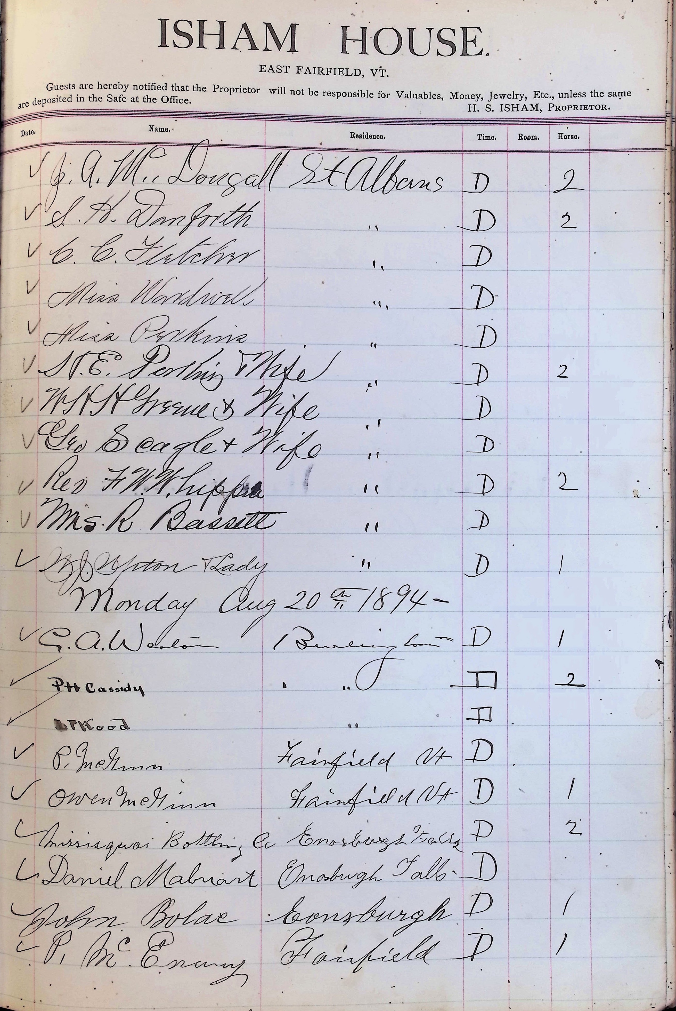 Isham Hotel register Vol. 3, Page 225