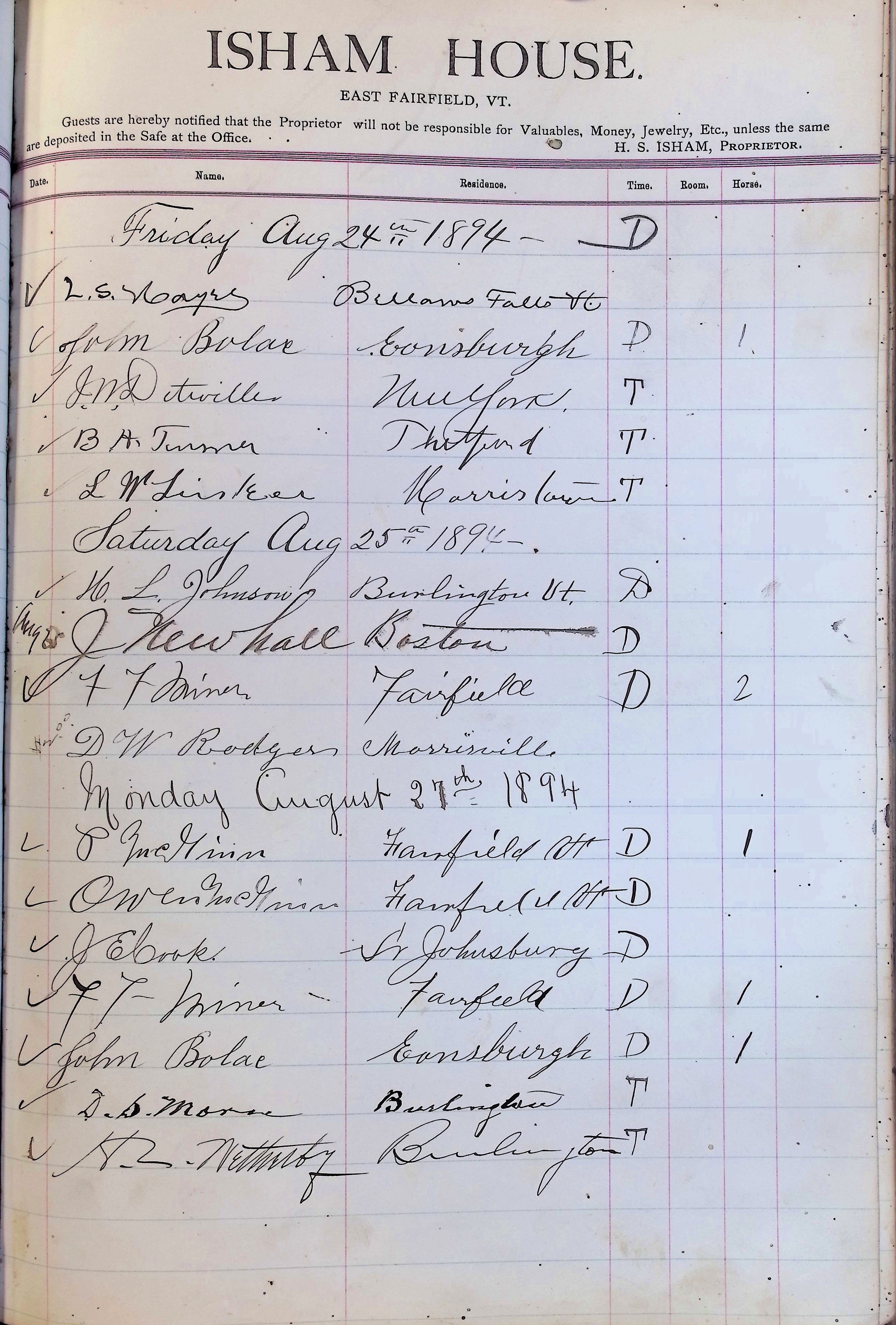 Isham Hotel register Vol. 3, Page 227