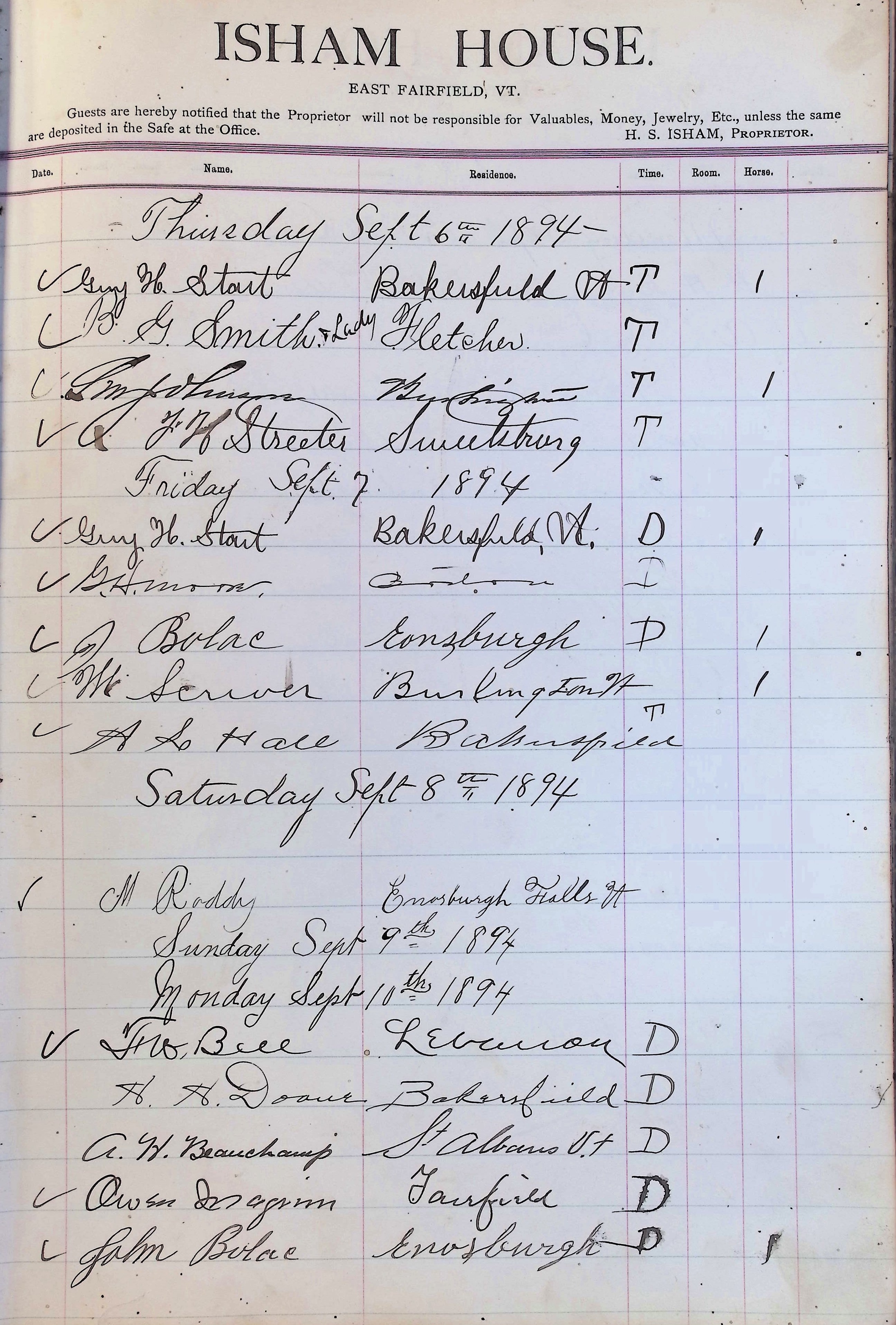 Isham Hotel register Vol. 3, Page 231