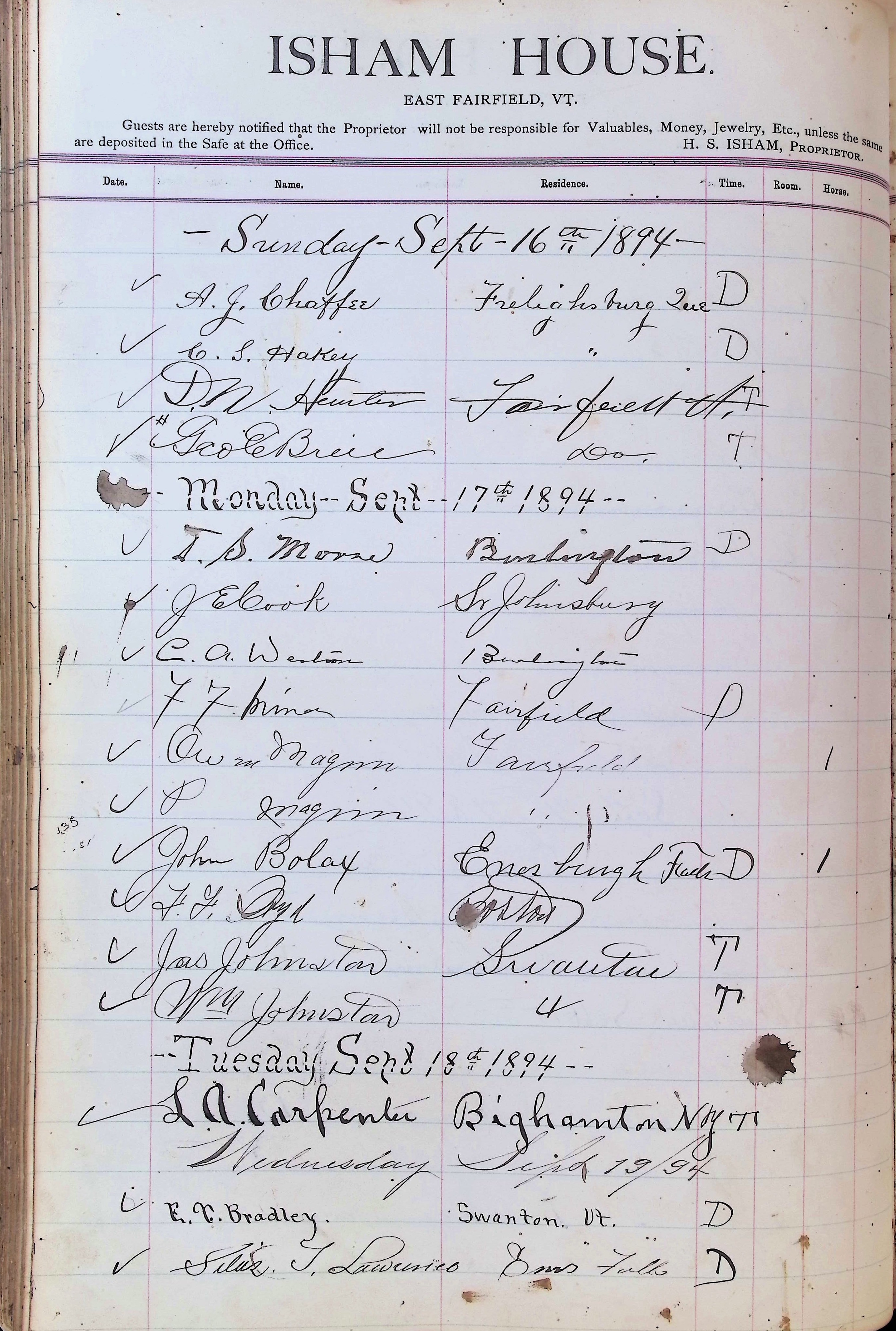 Isham Hotel register Vol. 3, Page 234