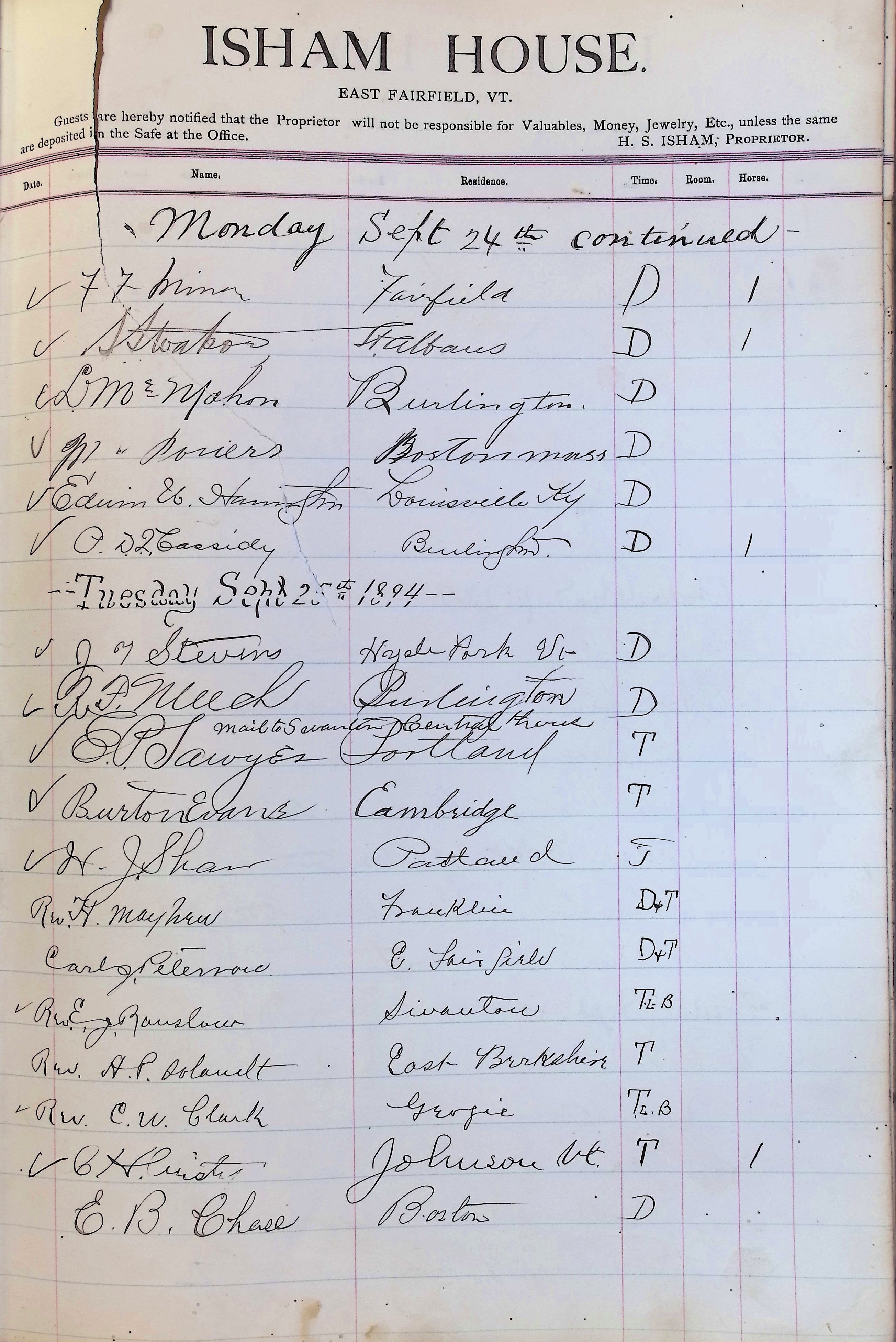 Isham Hotel register Vol. 3, Page 237